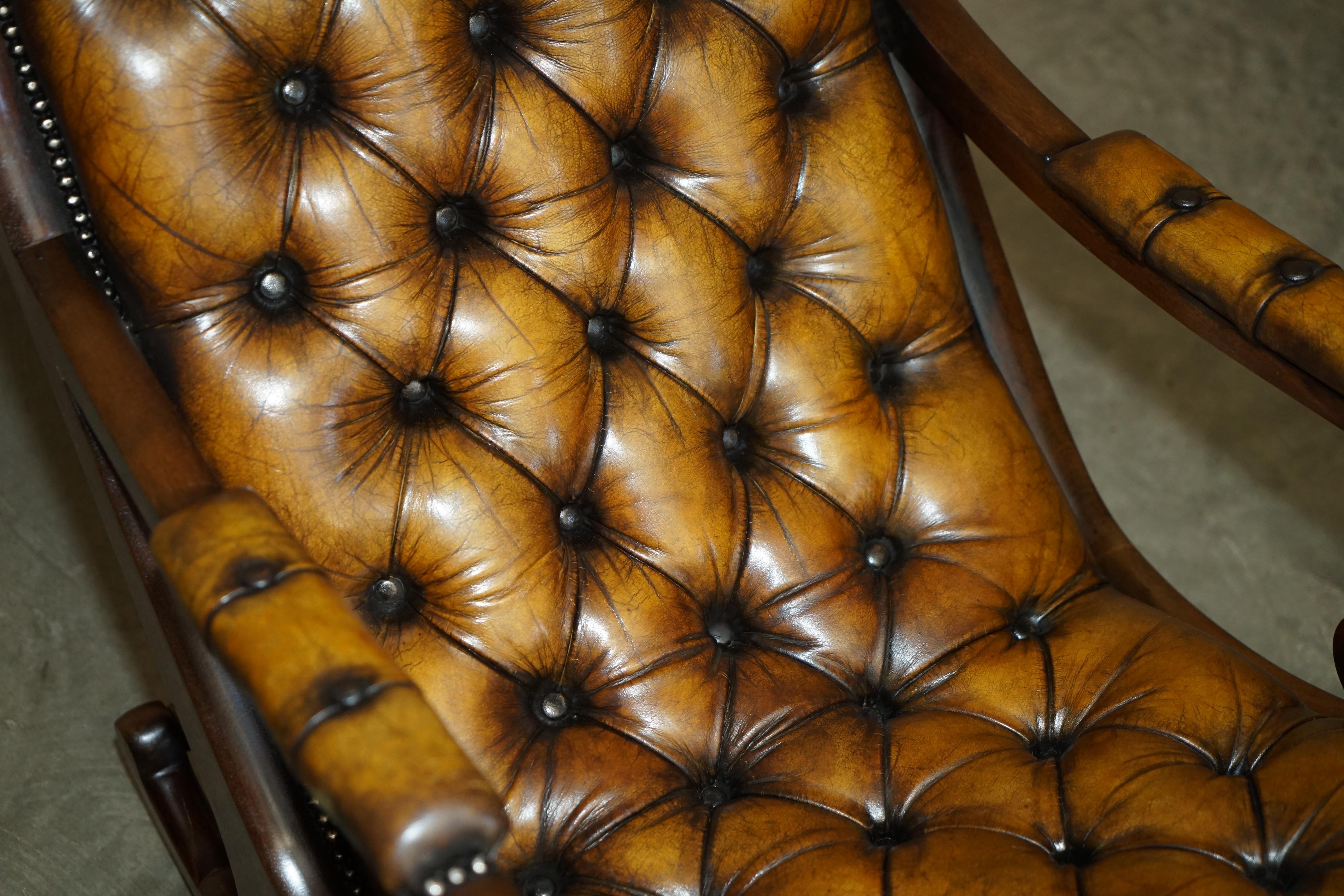 Leather ViNTAGE FULLY RESTORED HAND DYED BROWN LEATHER CHESTERFIELD ROCKING ARMCHAIR For Sale