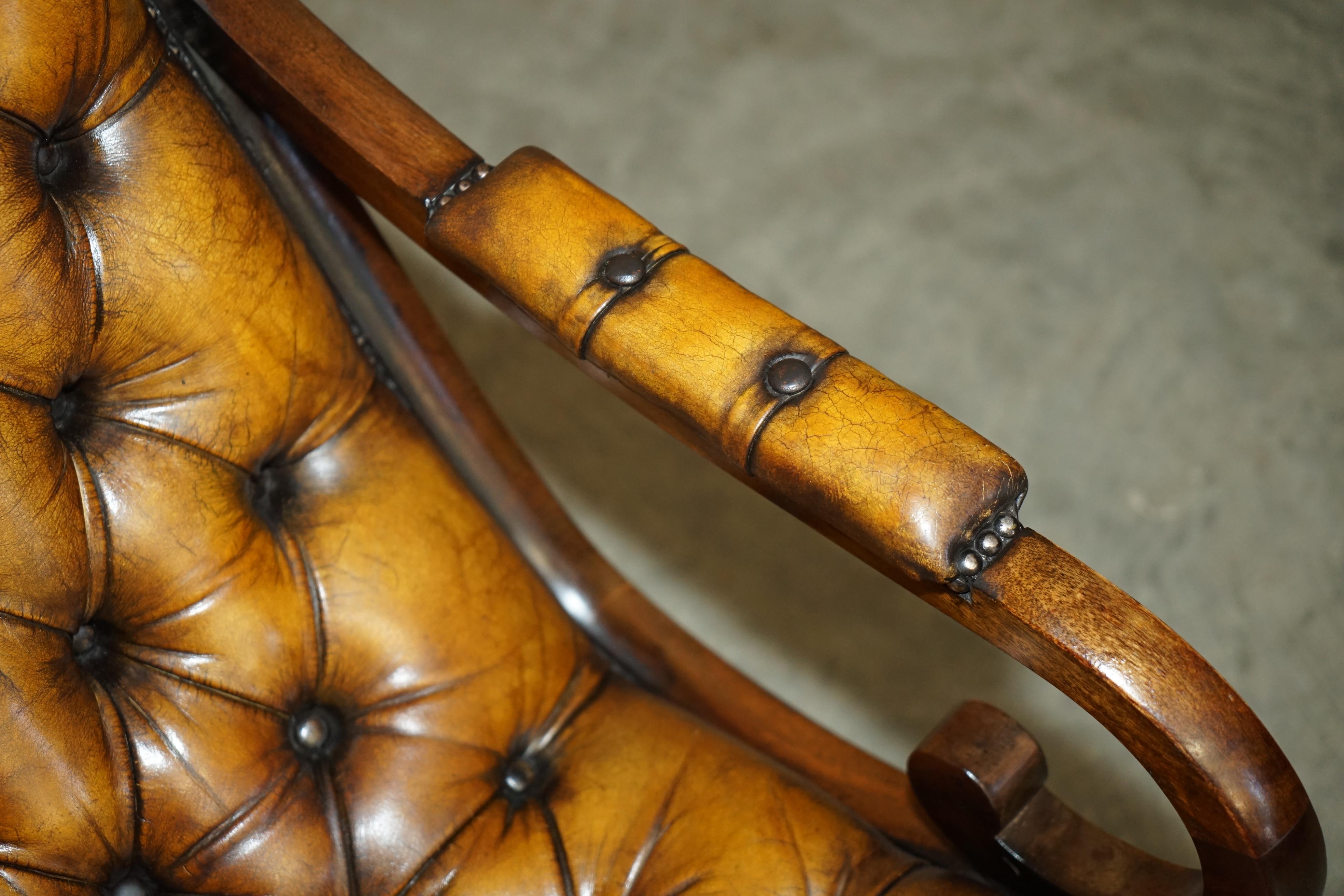 ViNTAGE FULLY RESTORED HAND DYED BROWN LEATHER CHESTERFIELD ROCKING ARMCHAIR For Sale 1