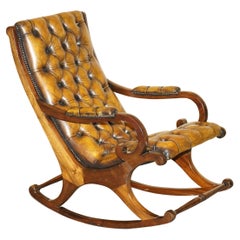 ViNTAGE FULLY RESTORED HAND DYED BROWN LEATHER CHESTERFIELD ROCKING ARMCHAIR