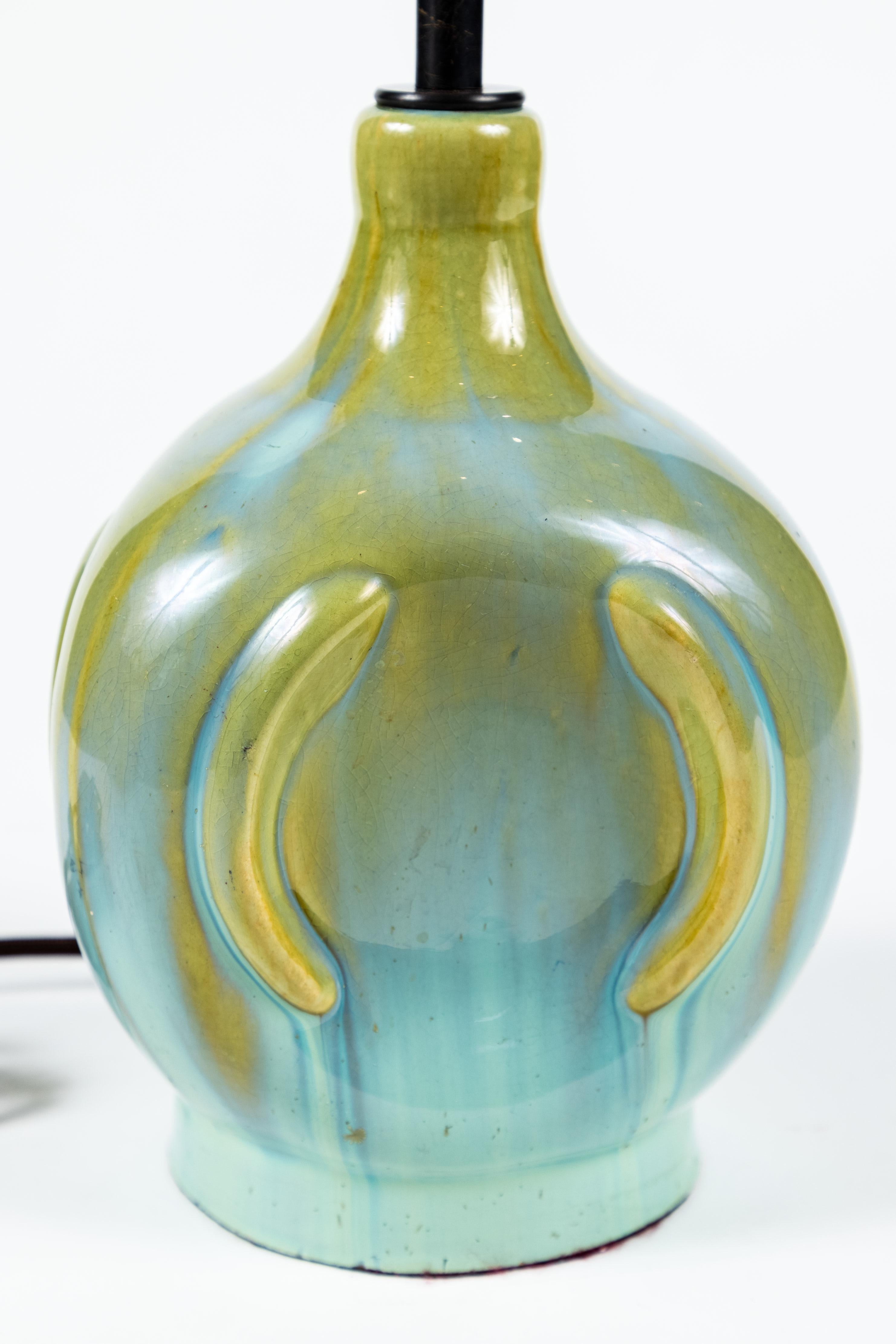 Glazed Vintage Fulper Pottery 3-Sided Lamp with Blue/Green Glaze