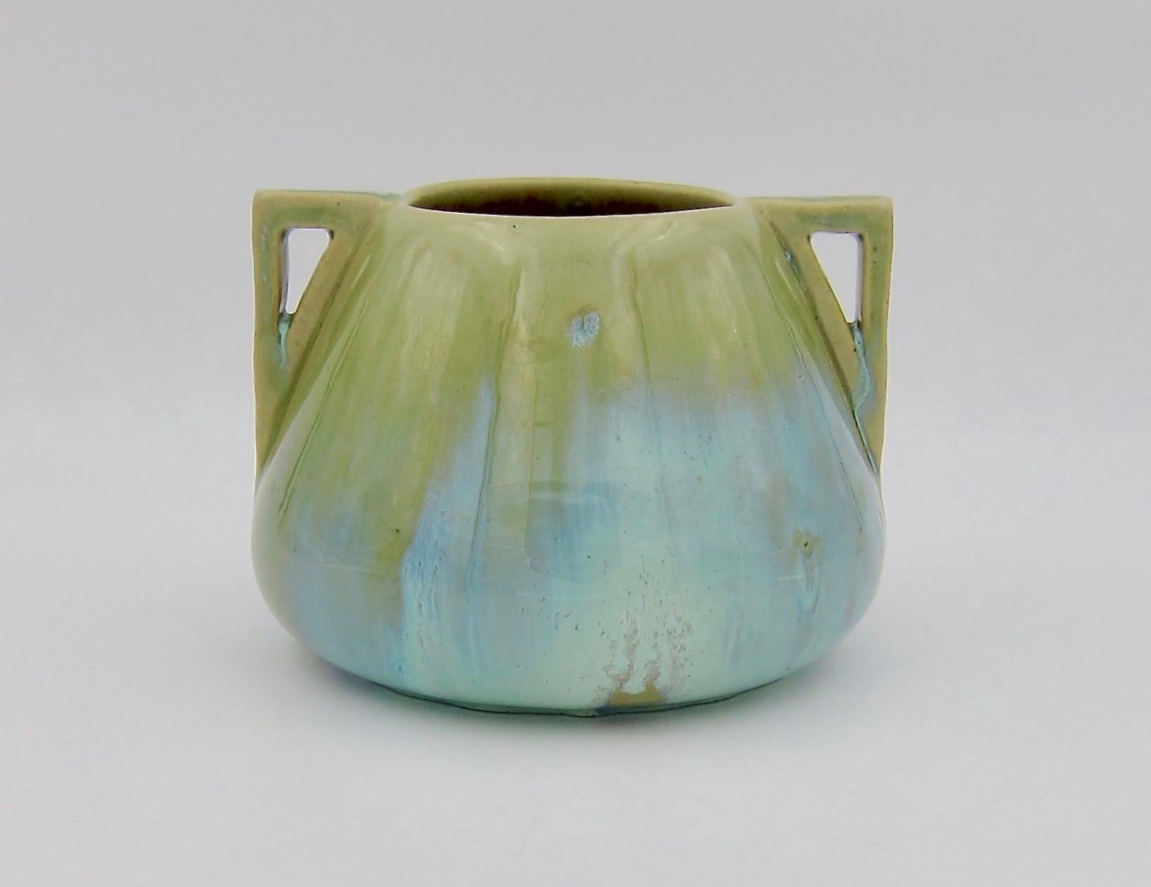 American Vintage Fulper Pottery Double Handled Vase with a Green Flambé Glaze