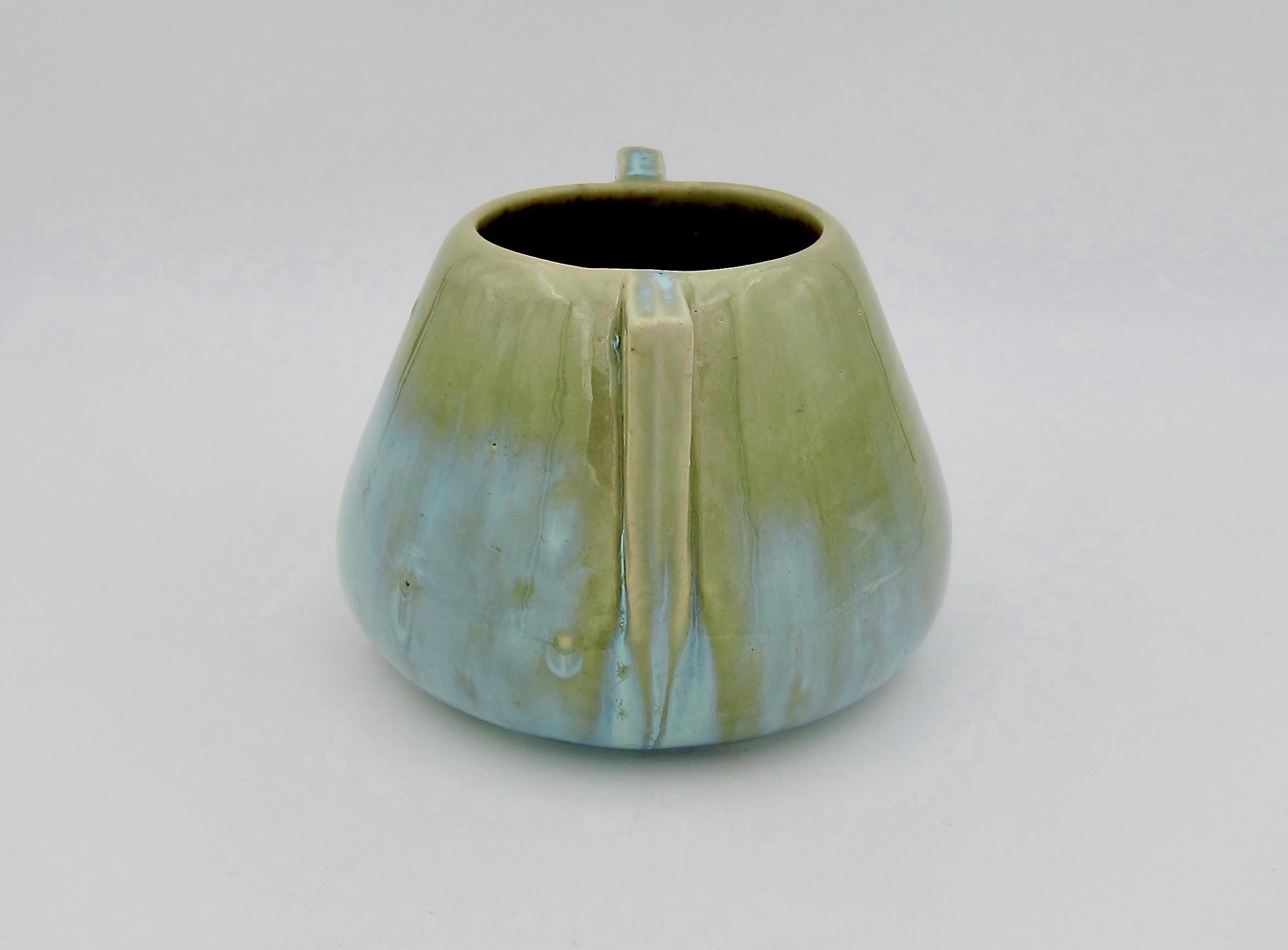 Glazed Vintage Fulper Pottery Double Handled Vase with a Green Flambé Glaze