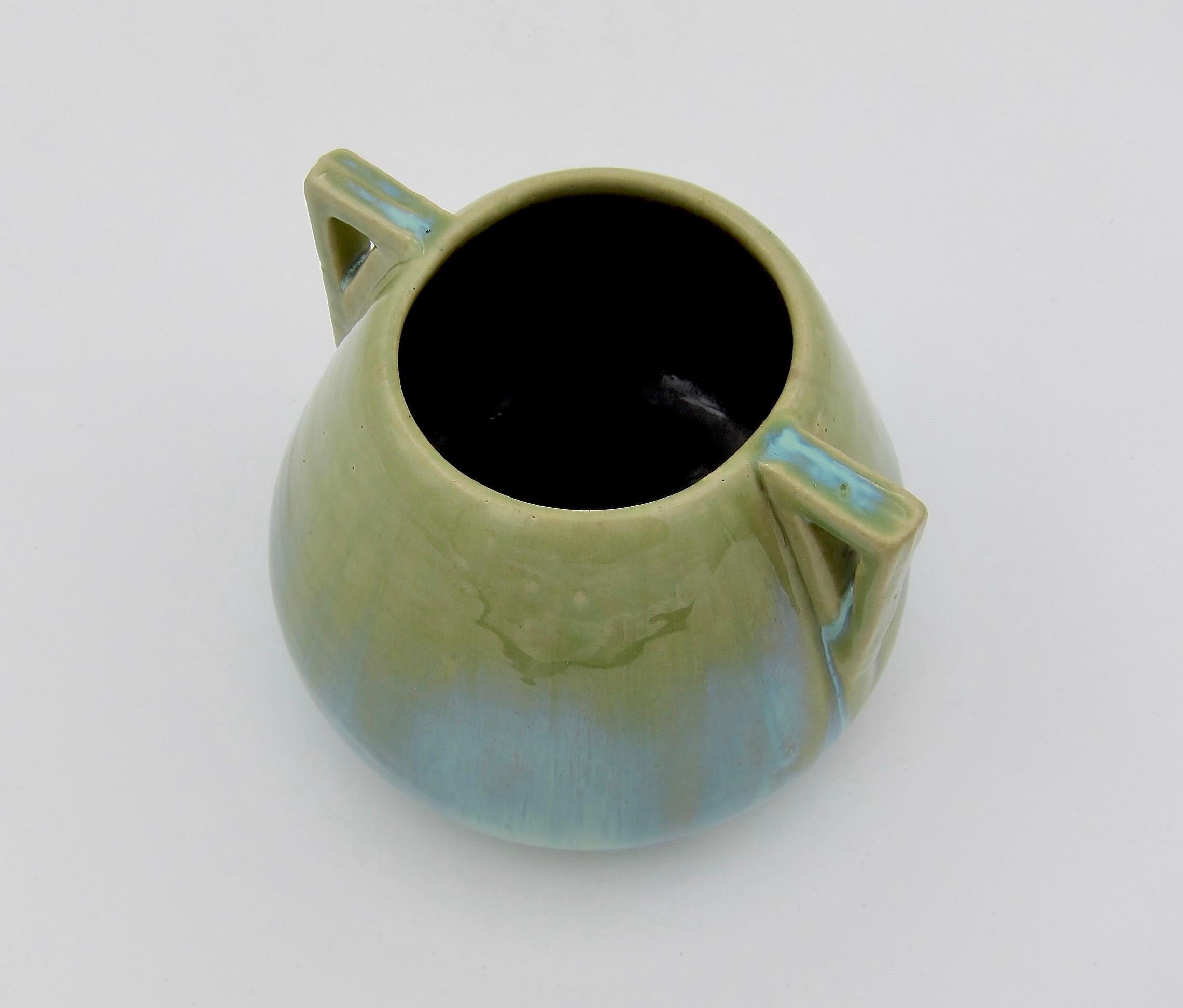 20th Century Vintage Fulper Pottery Double Handled Vase with a Green Flambé Glaze
