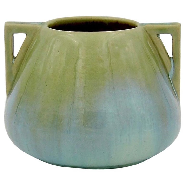 Vintage Fulper Pottery Double Handled Vase with a Green Flambé Glaze at 1stDibs