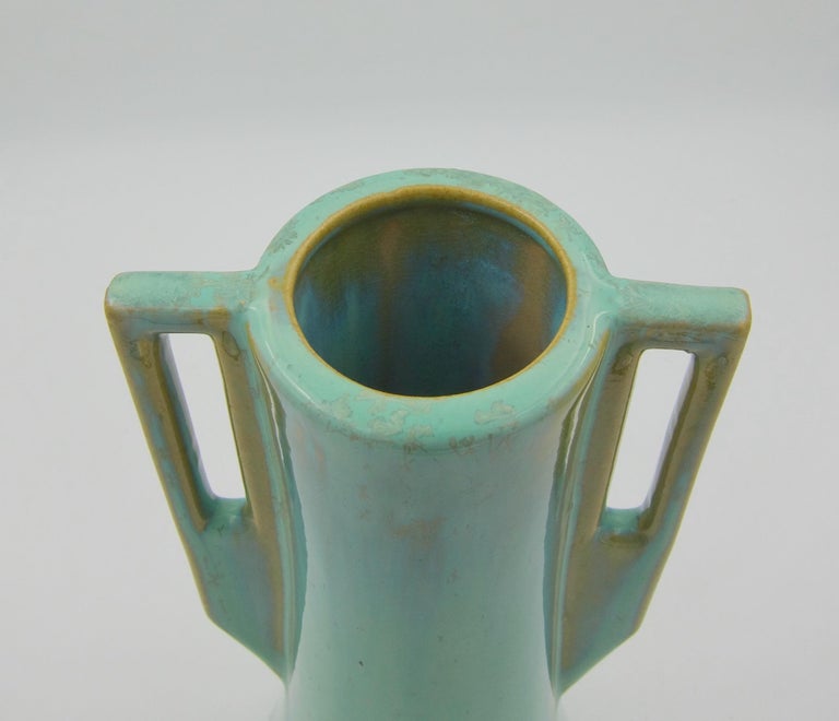 Vintage Fulper Pottery Square Handle Vase with a Green Flambe Glaze For Sale 3