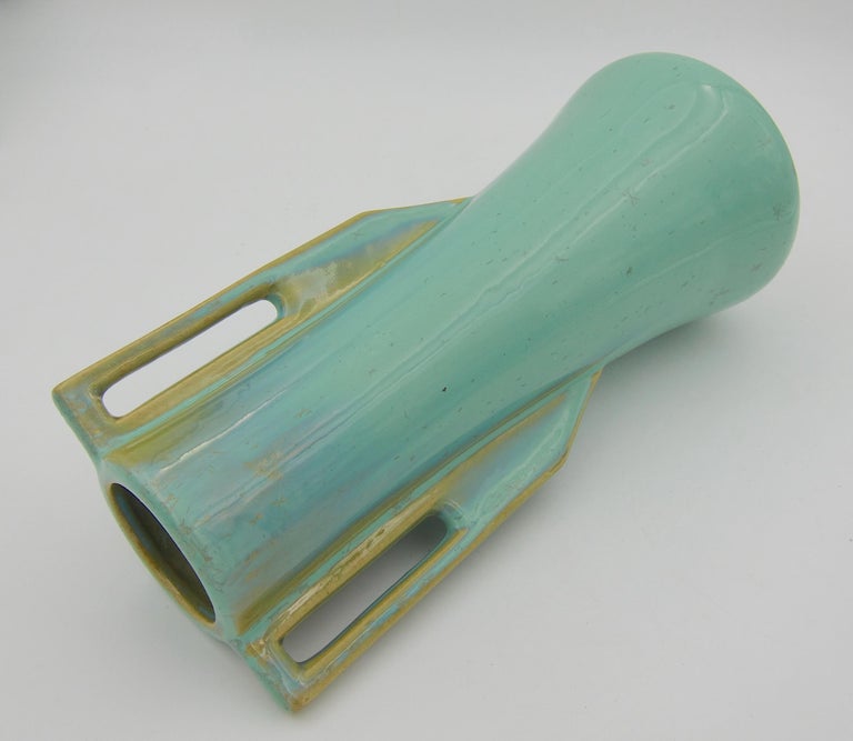 Arts and Crafts Vintage Fulper Pottery Square Handle Vase with a Green Flambe Glaze For Sale