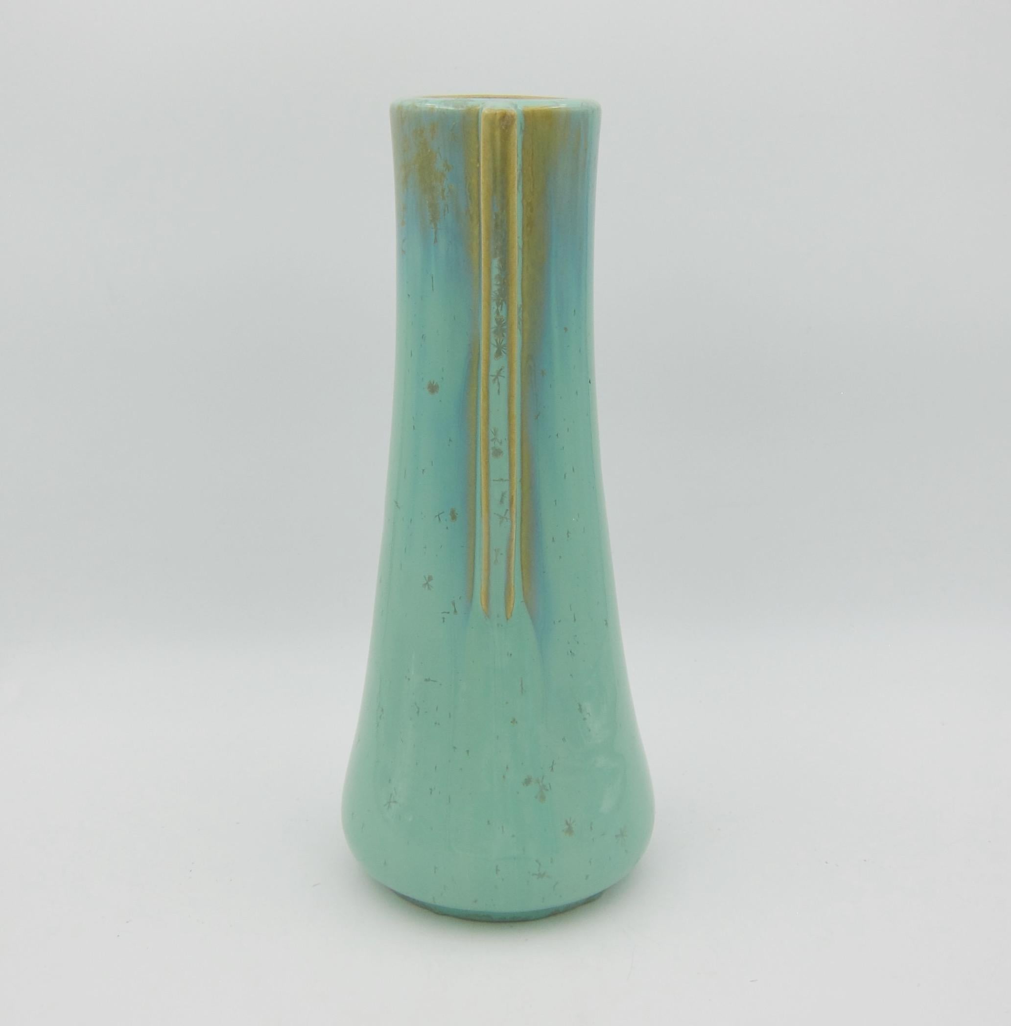 Arts and Crafts Early 20th Century Fulper Pottery Double Handle Vase with a Green Flambe Glaze