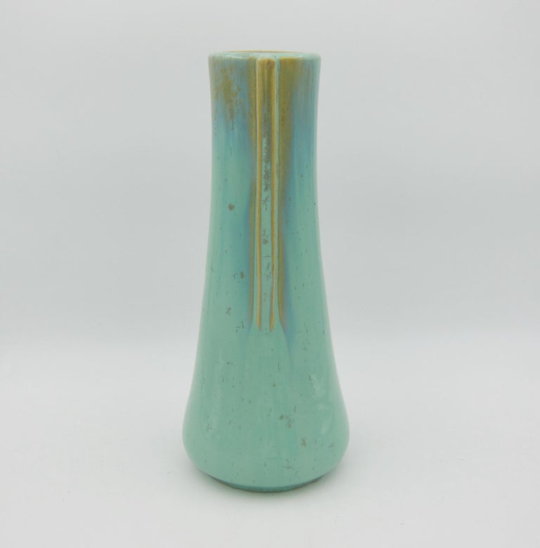 Glazed Vintage Fulper Pottery Square Handle Vase with a Green Flambe Glaze For Sale