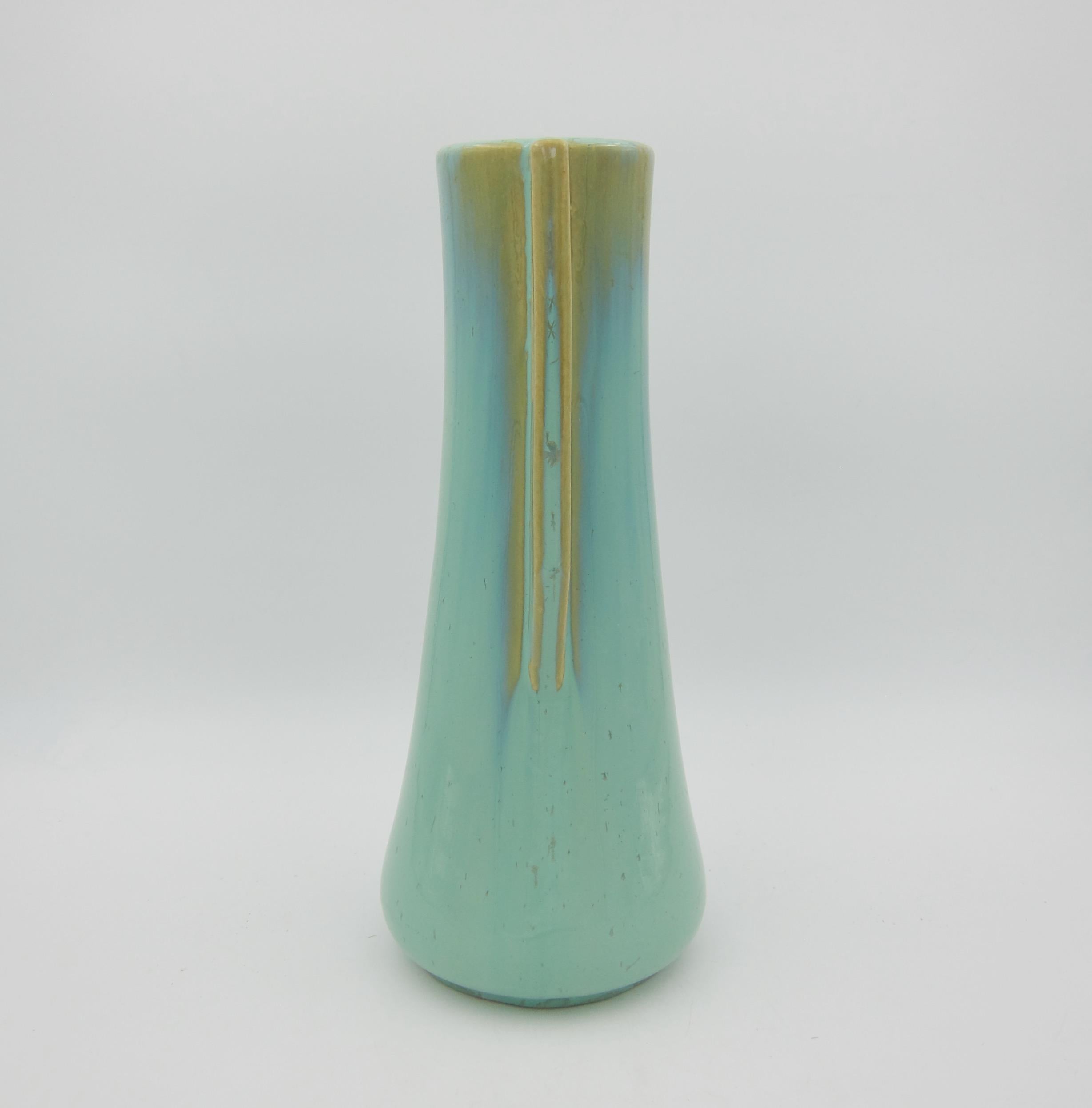 American Early 20th Century Fulper Pottery Double Handle Vase with a Green Flambe Glaze