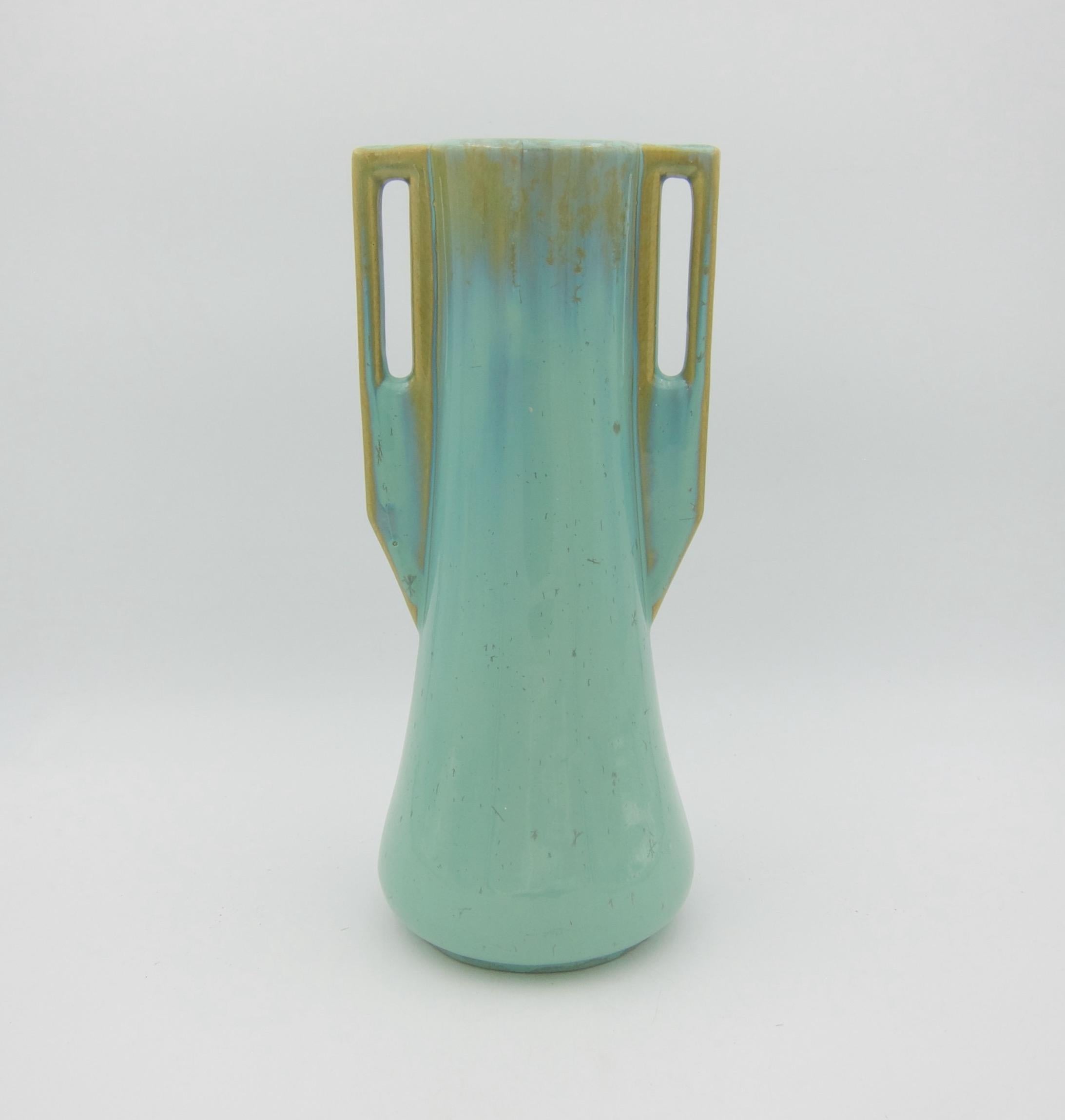 Glazed Early 20th Century Fulper Pottery Double Handle Vase with a Green Flambe Glaze