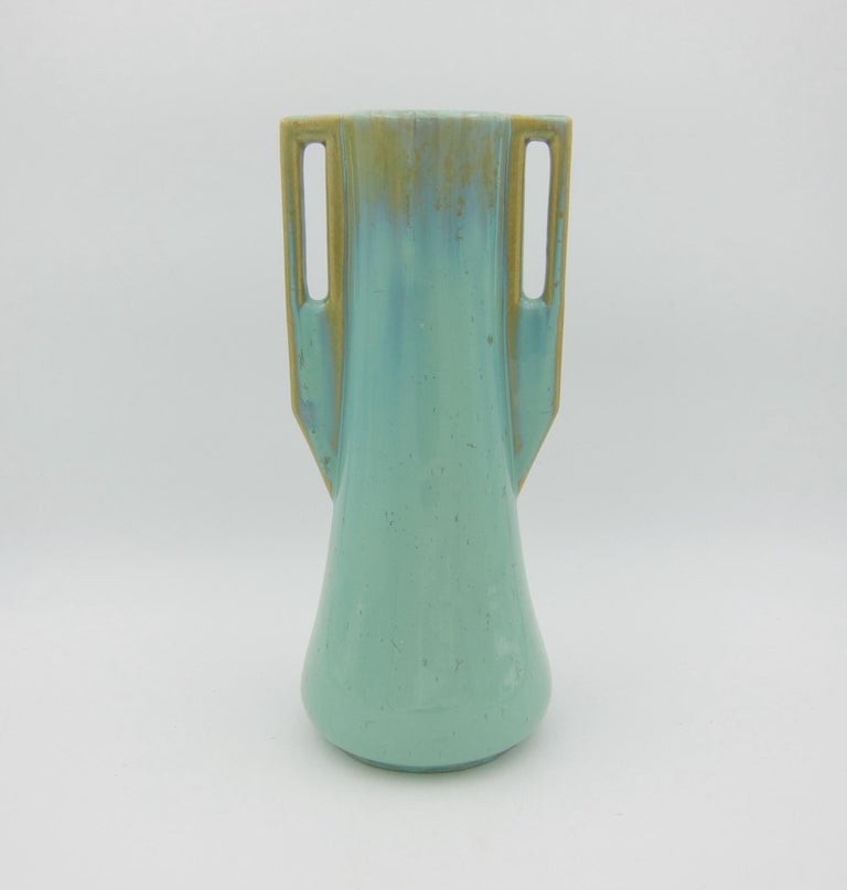 20th Century Vintage Fulper Pottery Square Handle Vase with a Green Flambe Glaze For Sale