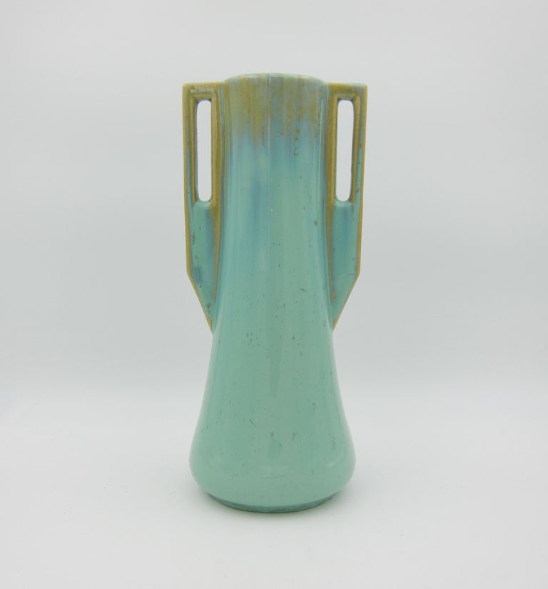 Vintage Fulper Pottery Square Handle Vase with a Green Flambe Glaze For Sale 1