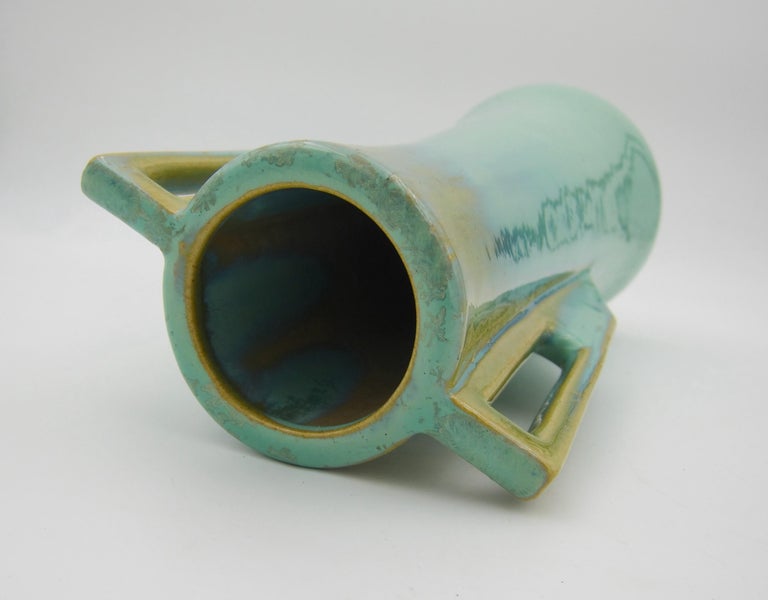 Vintage Fulper Pottery Square Handle Vase with a Green Flambe Glaze For Sale 2