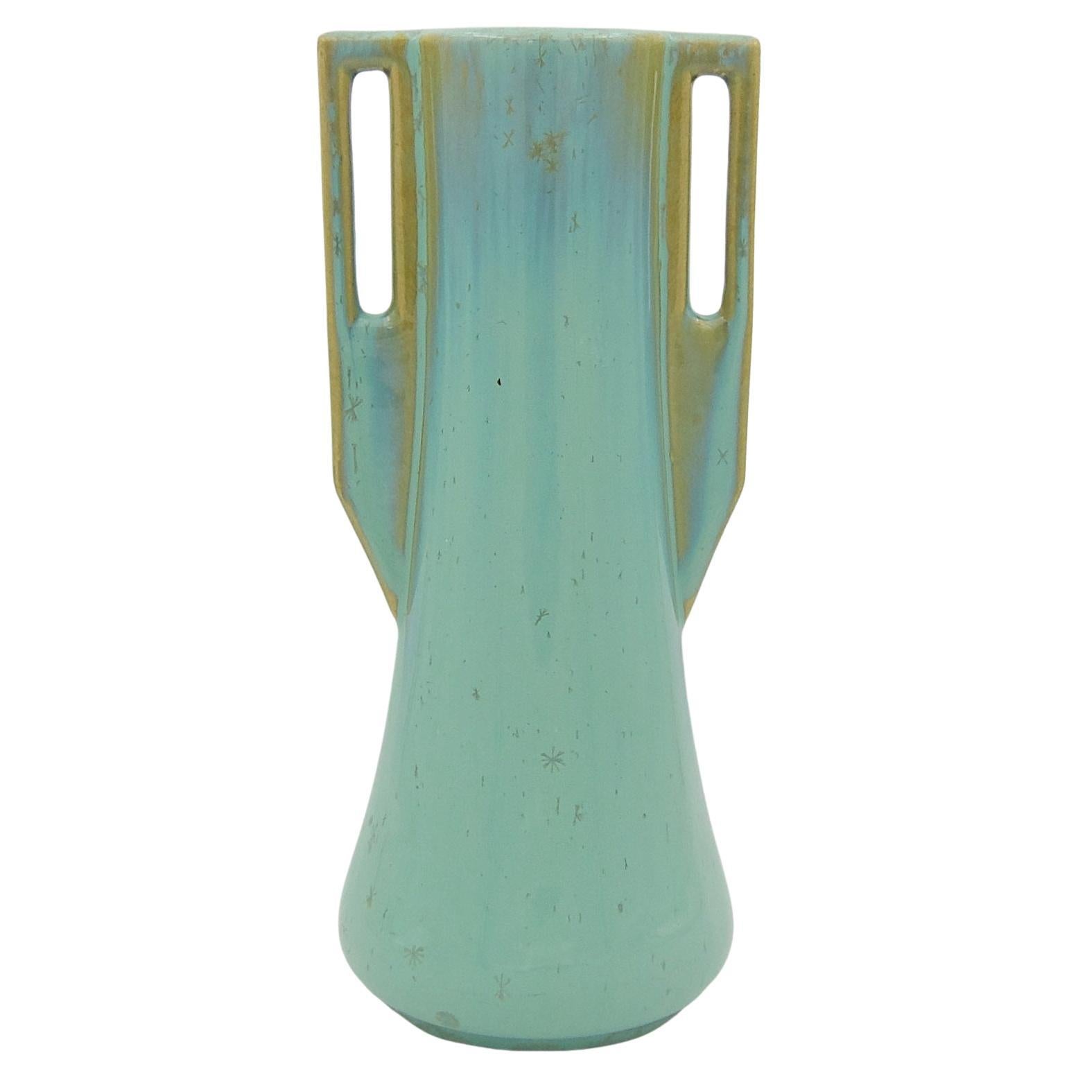 Early 20th Century Fulper Pottery Double Handle Vase with a Green Flambe Glaze