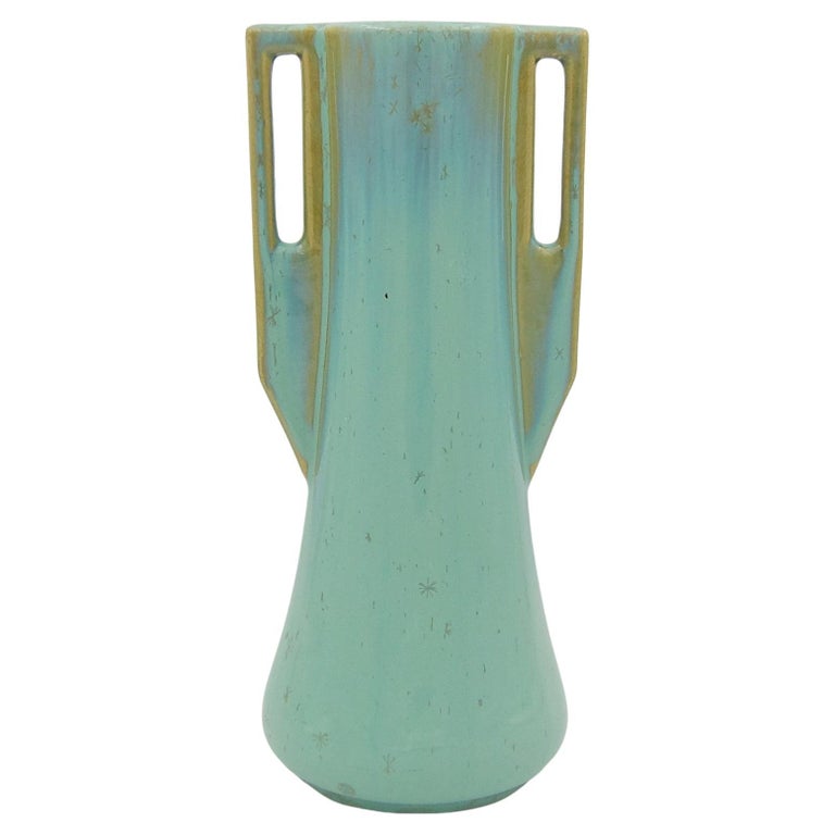 Vintage Fulper Pottery Square Handle Vase with a Green Flambe Glaze For Sale