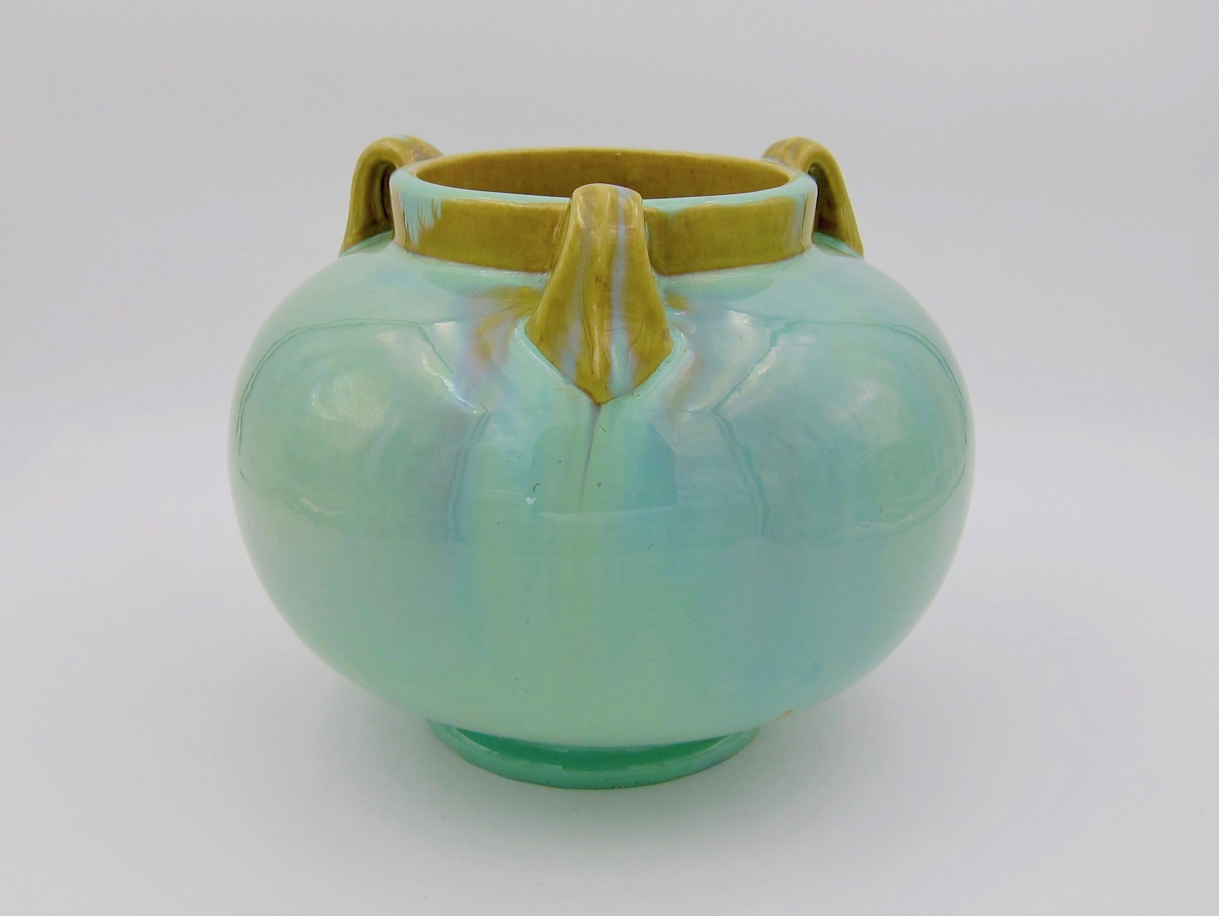 Glazed Vintage Fulper Pottery Three Handled Vase with a Flambé Glaze