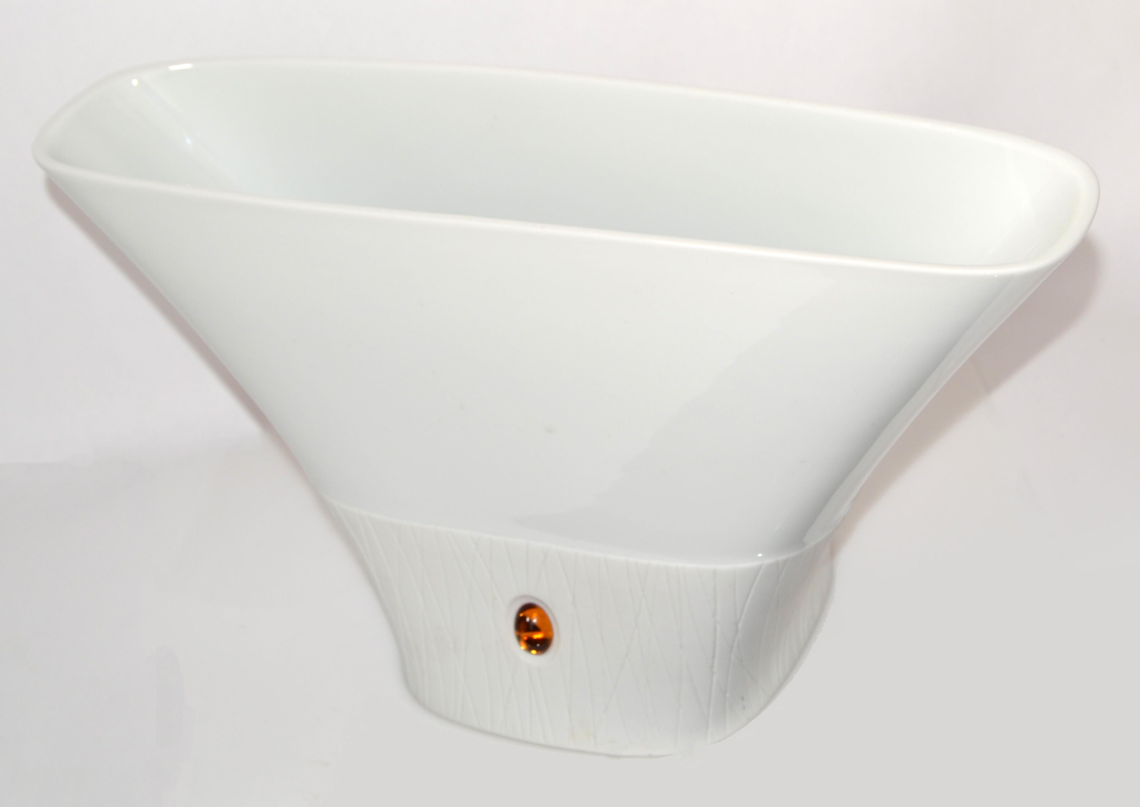 Mid-Century Modern Vintage Furstenberg White Textured Porcelain Flower Vase Amber Stone Germany 90 For Sale