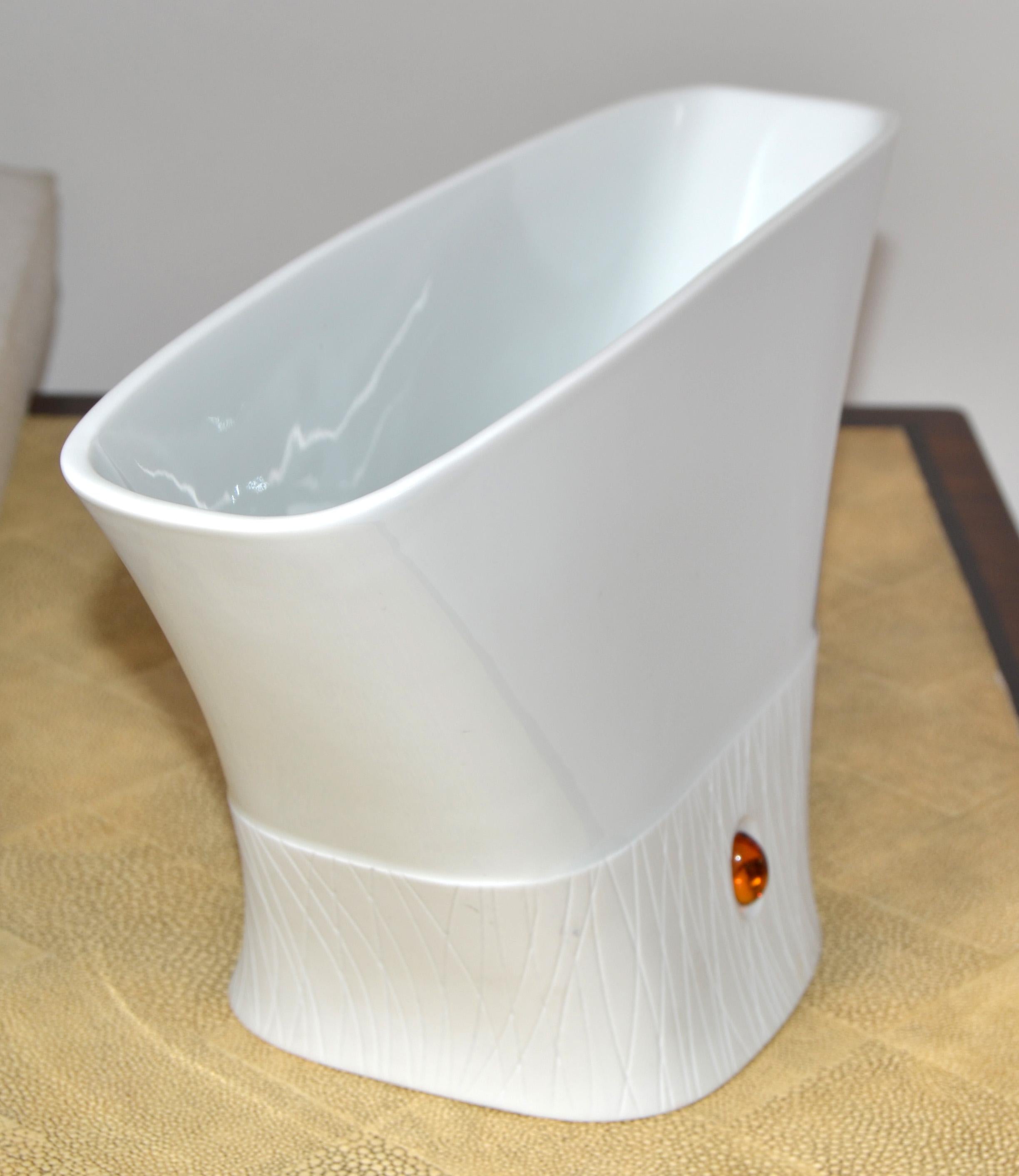 Glazed Vintage Furstenberg White Textured Porcelain Flower Vase Amber Stone Germany 90 For Sale