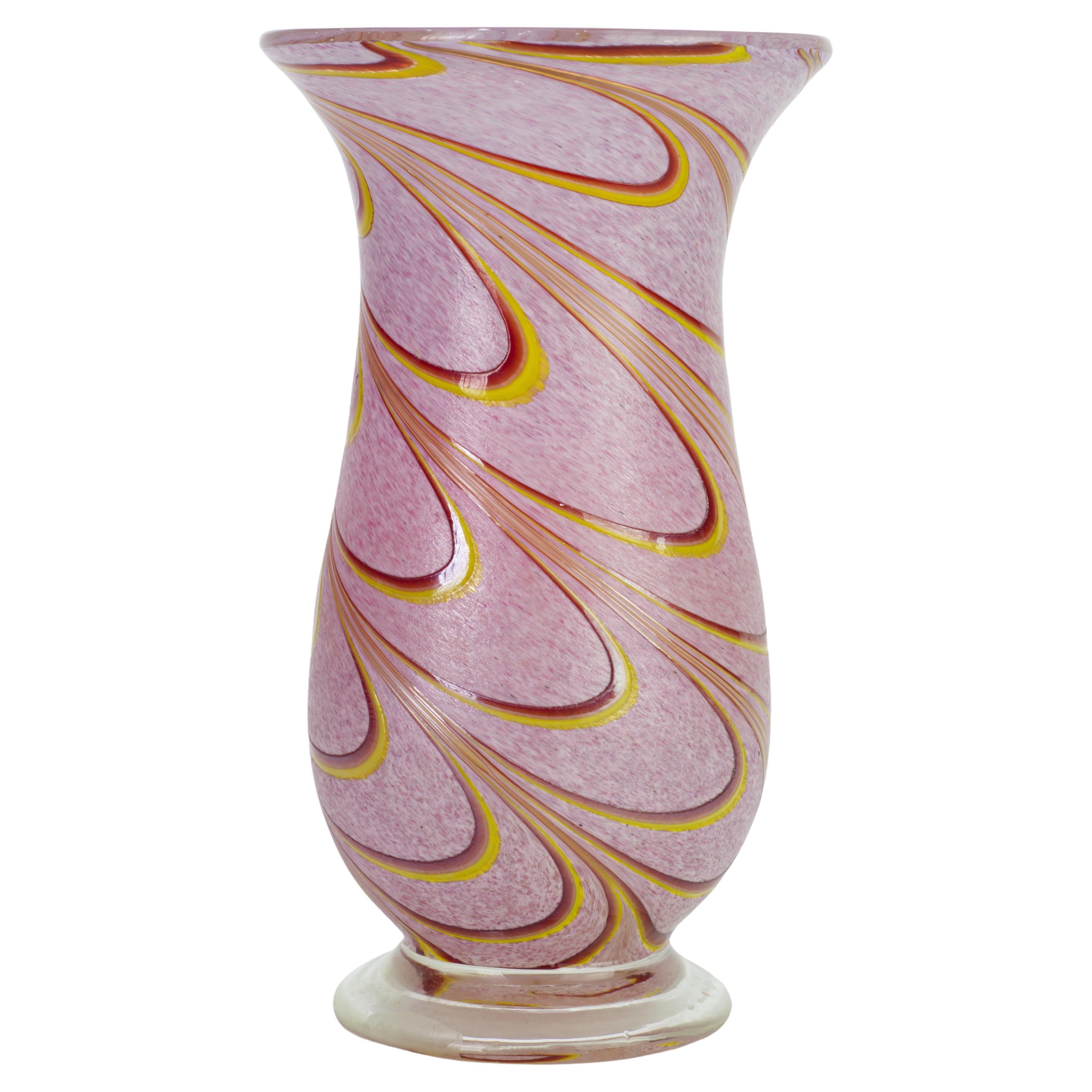 Vintage Fused Glass Footed Vase, Hand Blown Art Glass For Sale