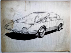 Vintage Futuristic Concept Car Drawing by Artist Dennis Mog, circa 1970