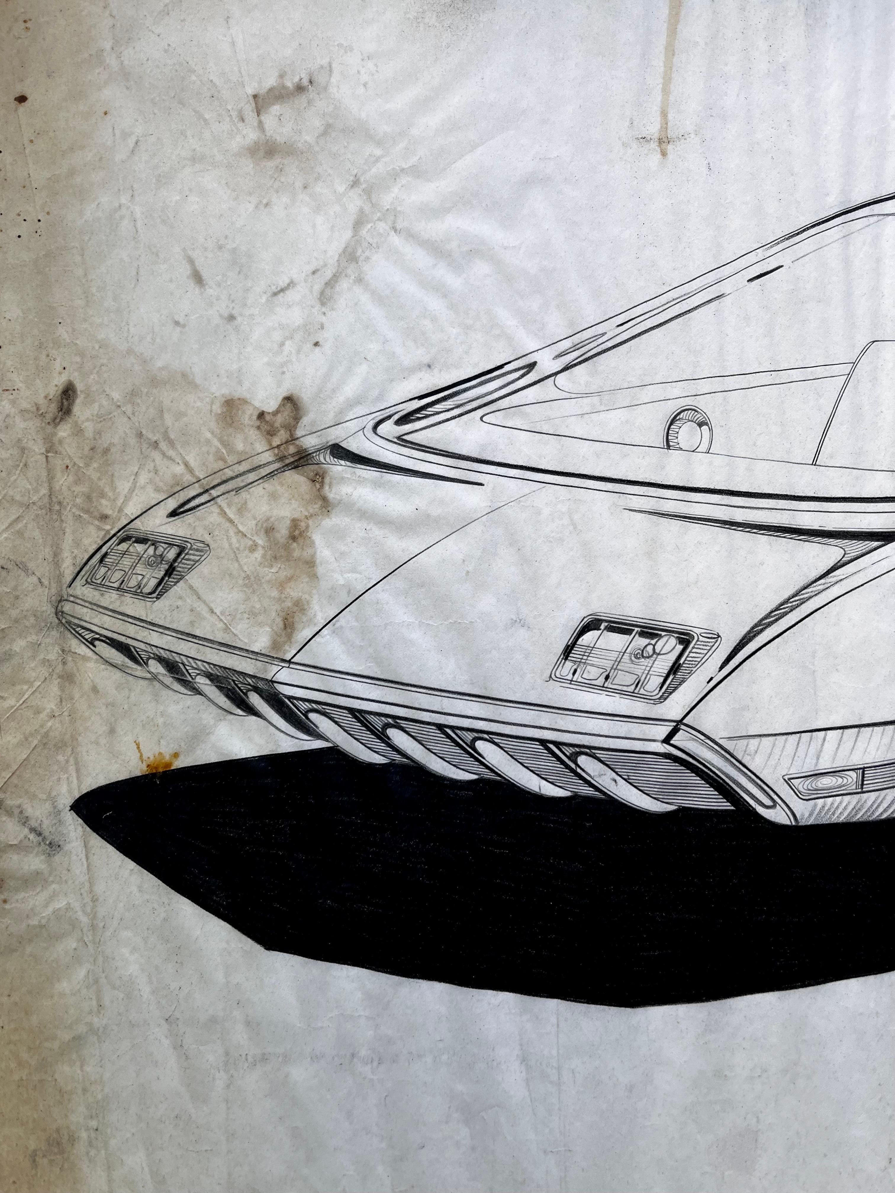 Vintage Futuristic Concept Car Zeichnung von Künstler Dennis Mog, ca. 1970 (Moderne der Mitte des Jahrhunderts) im Angebot