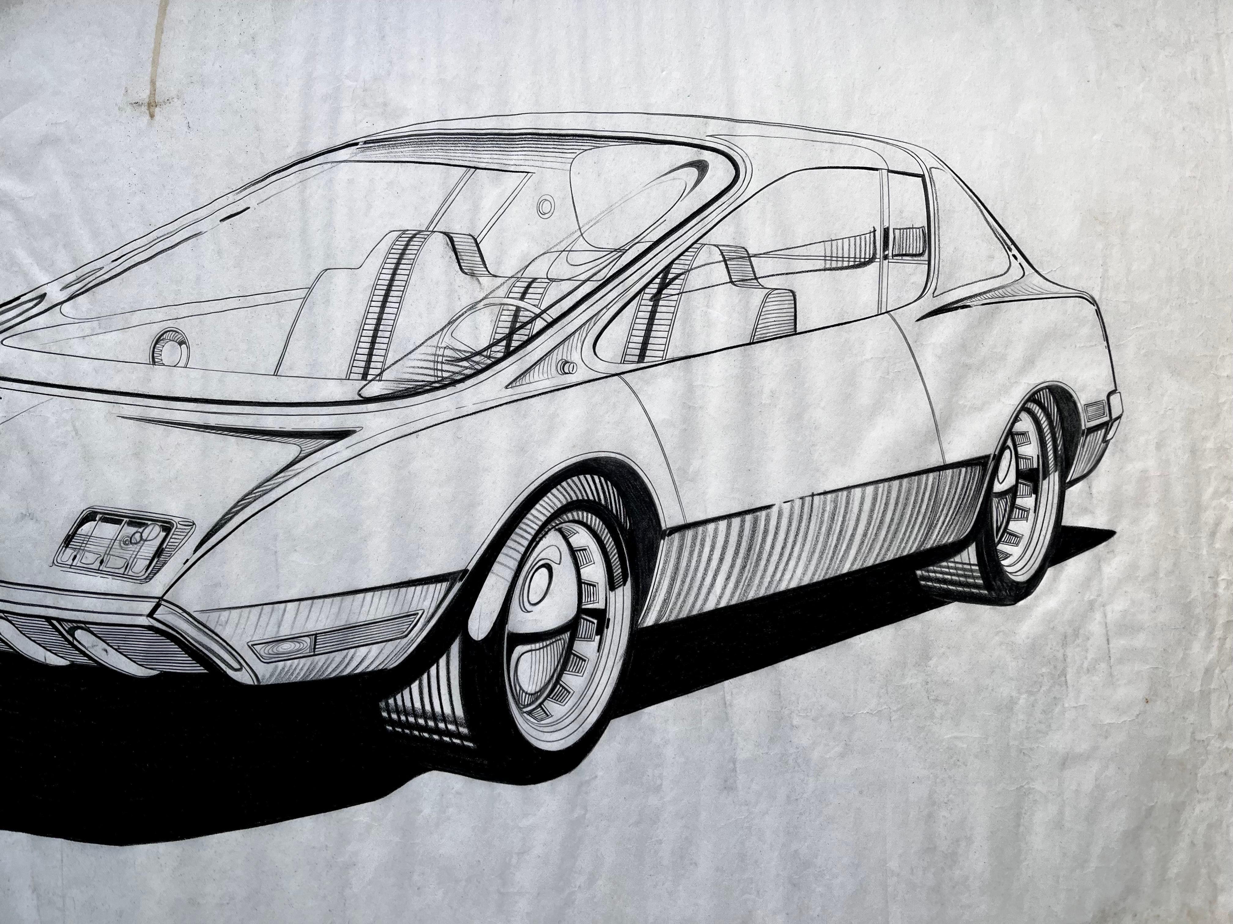 Vintage Futuristic Concept Car Zeichnung von Künstler Dennis Mog, ca. 1970 (amerikanisch) im Angebot