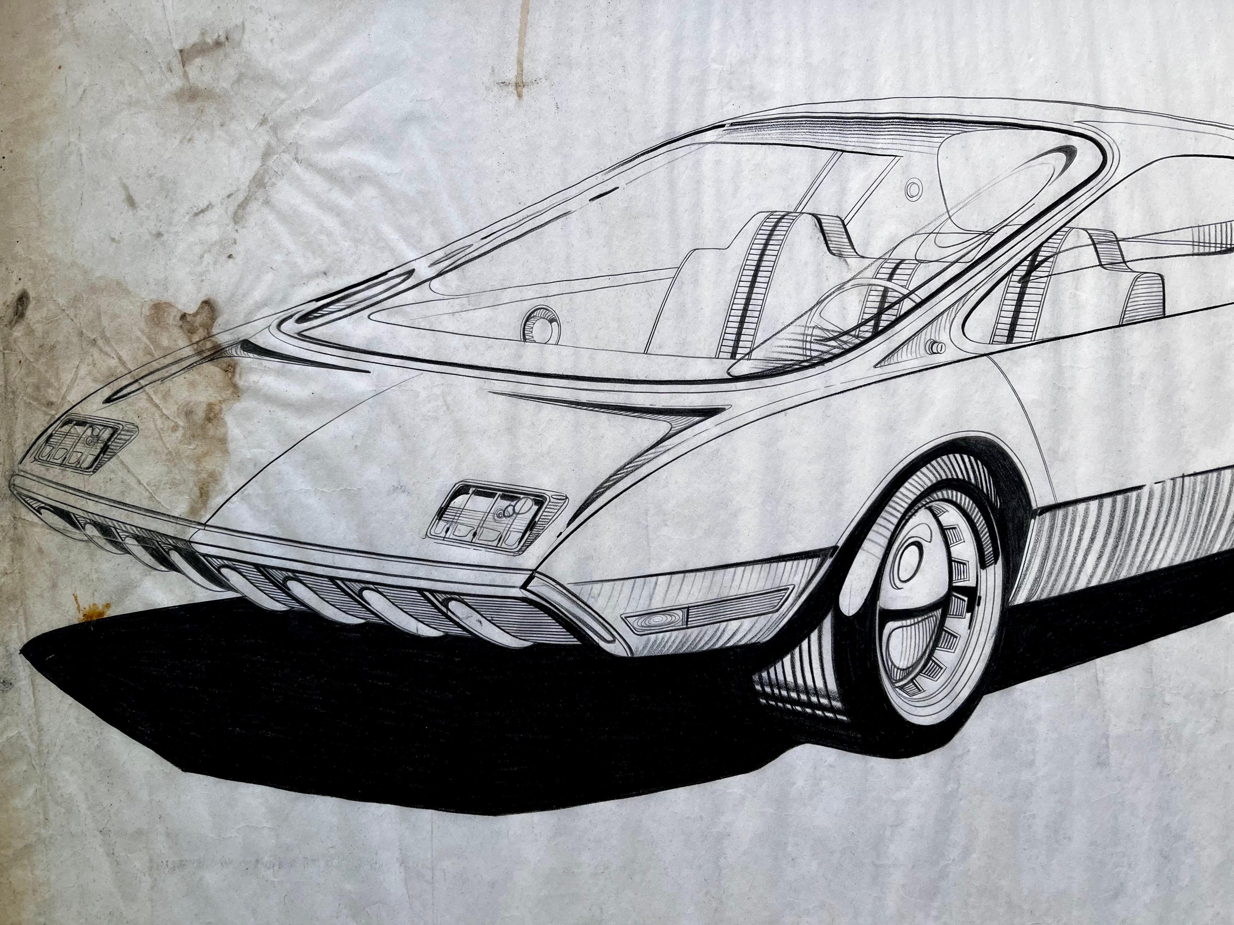 Vintage Futuristic Concept Car Zeichnung von Künstler Dennis Mog, ca. 1970 im Zustand „Relativ gut“ im Angebot in Philadelphia, PA