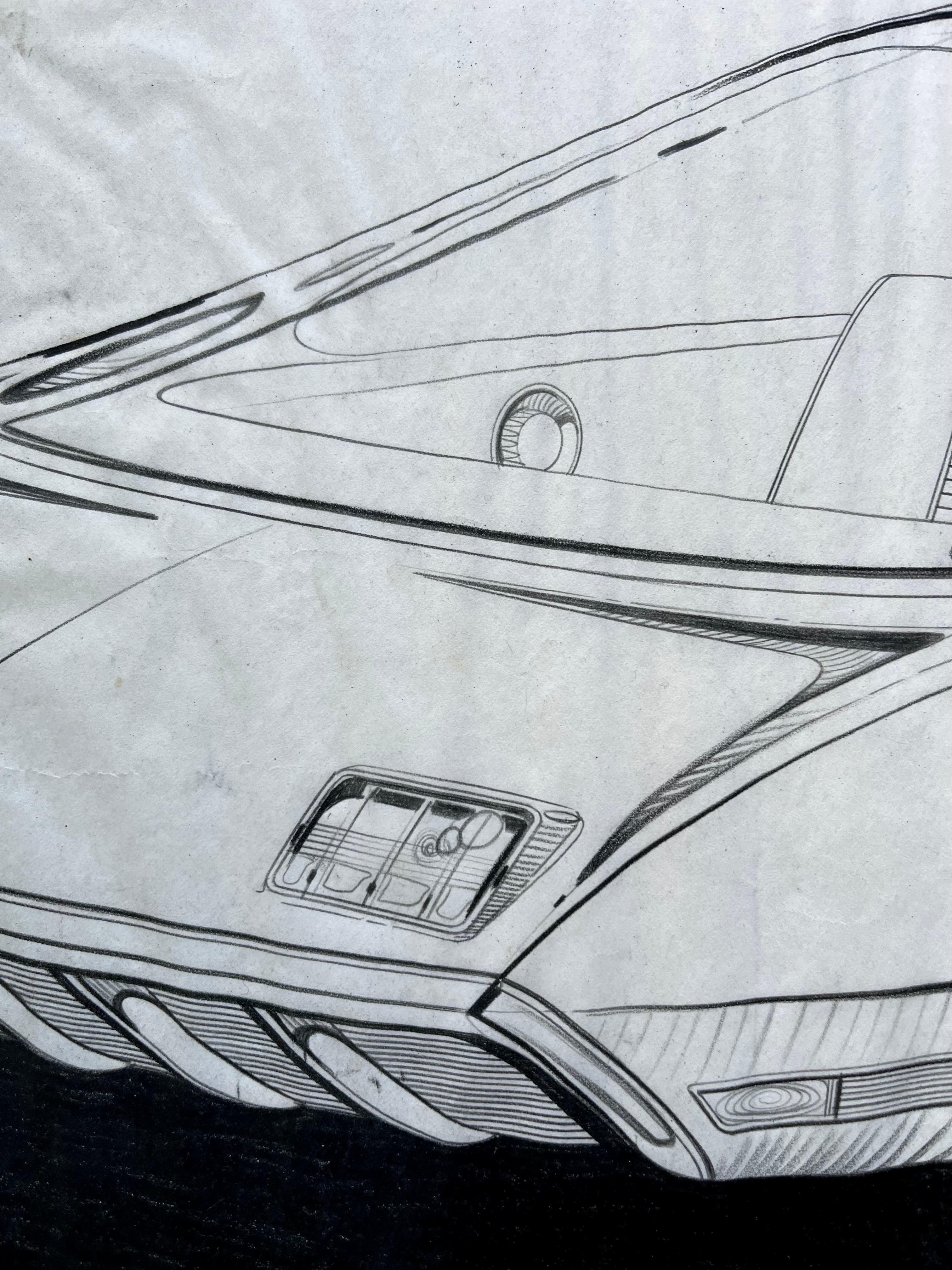 Vintage Futuristic Concept Car Zeichnung von Künstler Dennis Mog, ca. 1970 (Papier) im Angebot