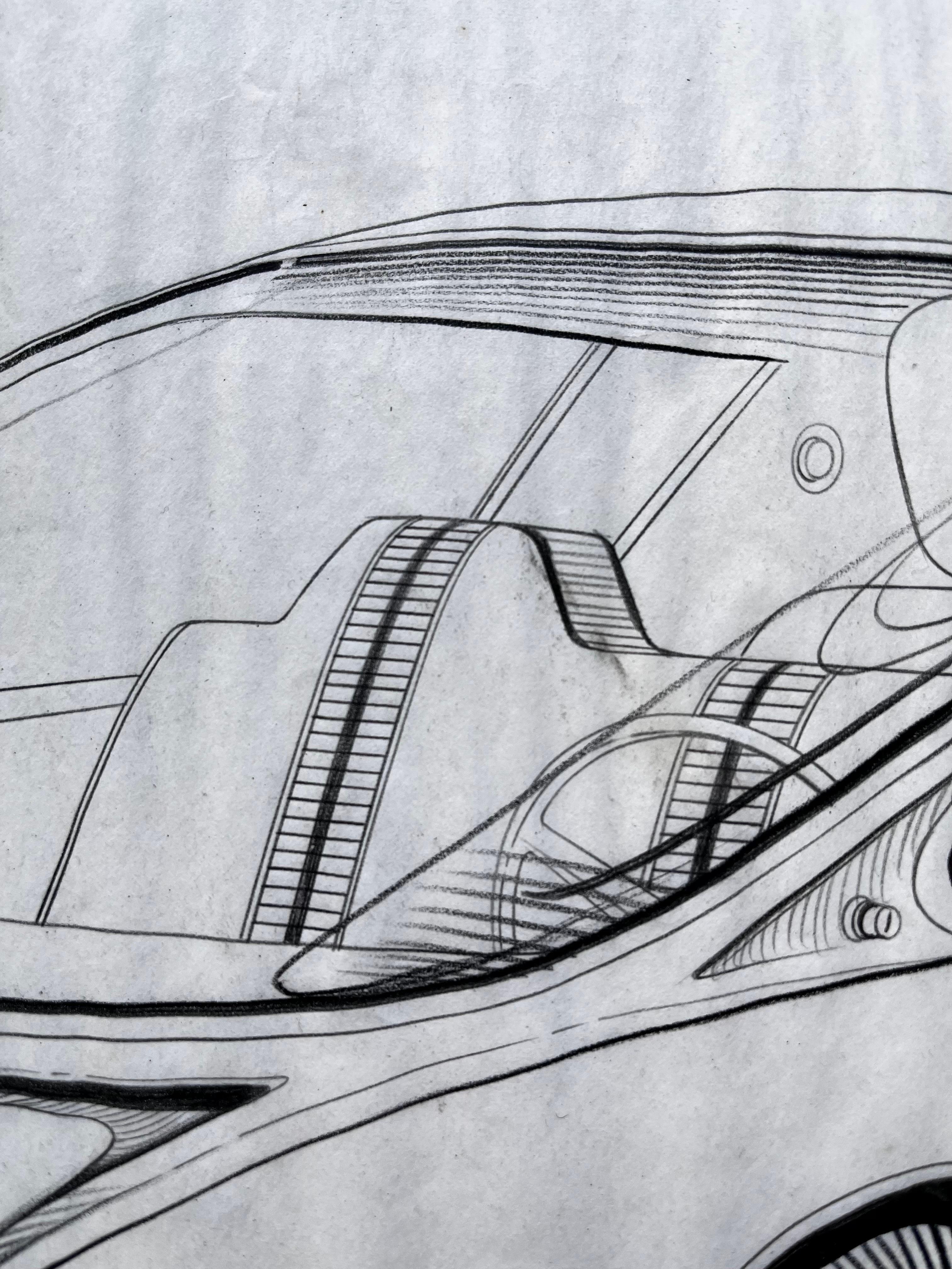 Vintage Futuristic Concept Car Zeichnung von Künstler Dennis Mog, ca. 1970 im Angebot 1