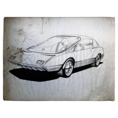 Vintage Futuristic Concept Car Drawing by Artist Dennis Mog, circa 1970