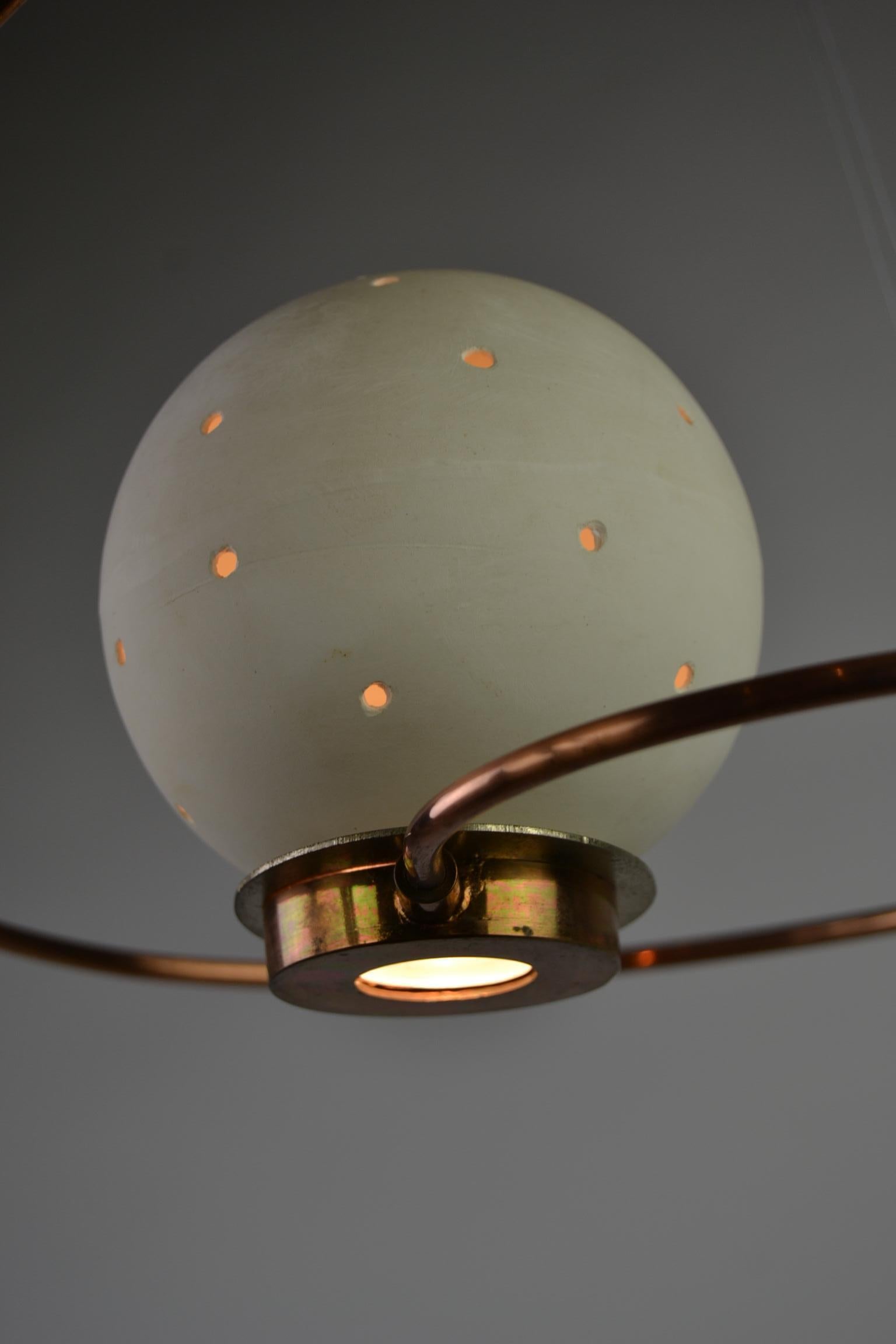 Vintage Futuristic - Space Age - Starry sky ceiling light from the 1980s.
This lamp is made from yellow Copper Cannula - Tube, 
with a white ceramic bulb - Spherical. 
The ceramic (4.72 inch - 12 cm diameter) has little holes, so gives the