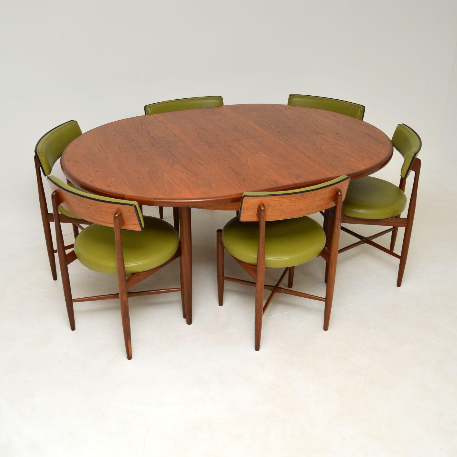 A stunning and iconic vintage teak dining table and chair set. This was part of the Fresco range made in England by G Plan, it dates from the 1960-70’s.

The quality is amazing, these chairs have such a beautiful design with circular seats, cross