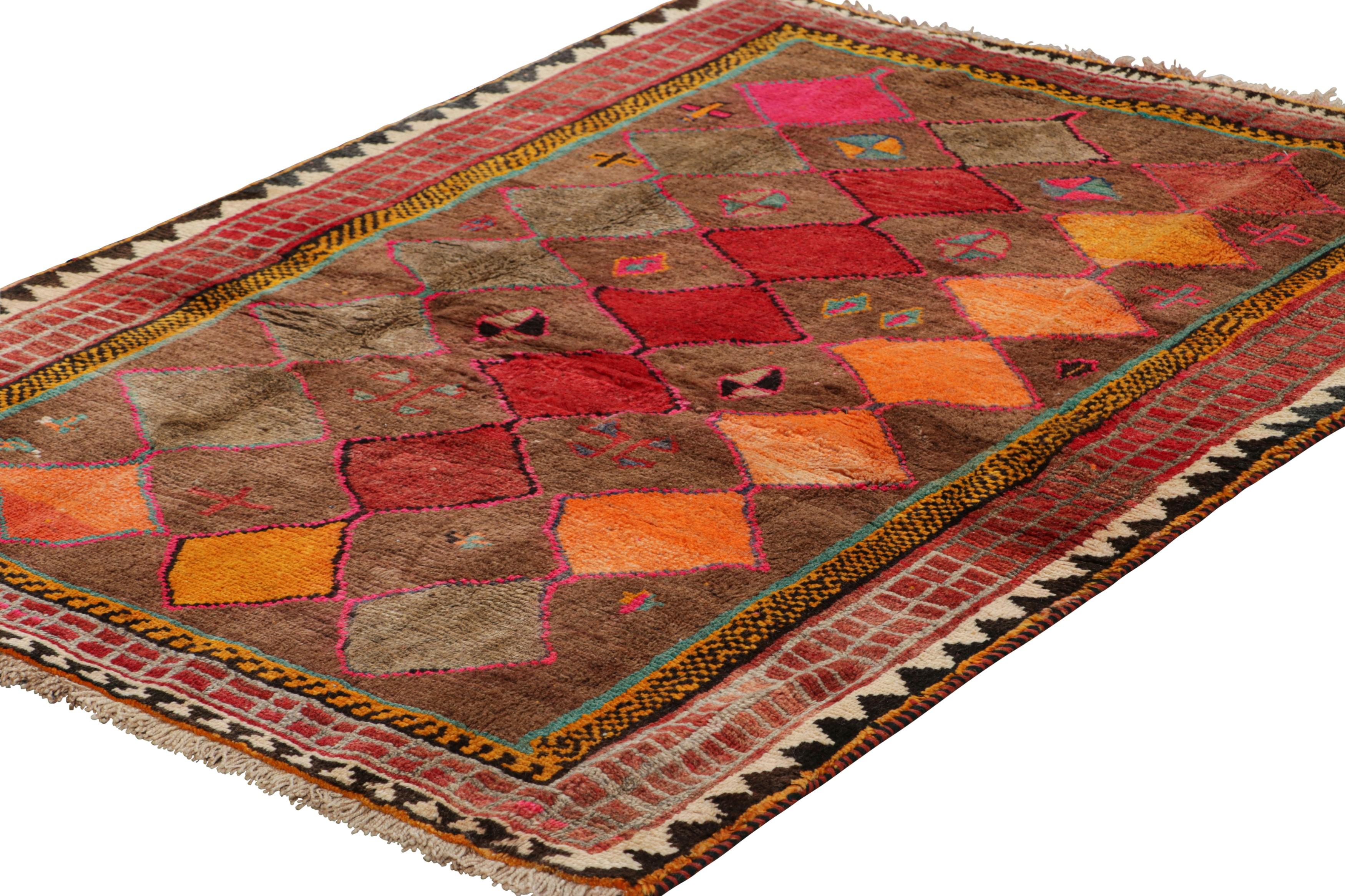Hand-Knotted Vintage Gabbeh Persian, Beige-Brown and Red with Diamond Patterns - Rug & Kilim For Sale