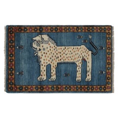 Vintage Gabbeh Persian Rug, Blue with Beige Lion Pictorial - Rug & Kilim