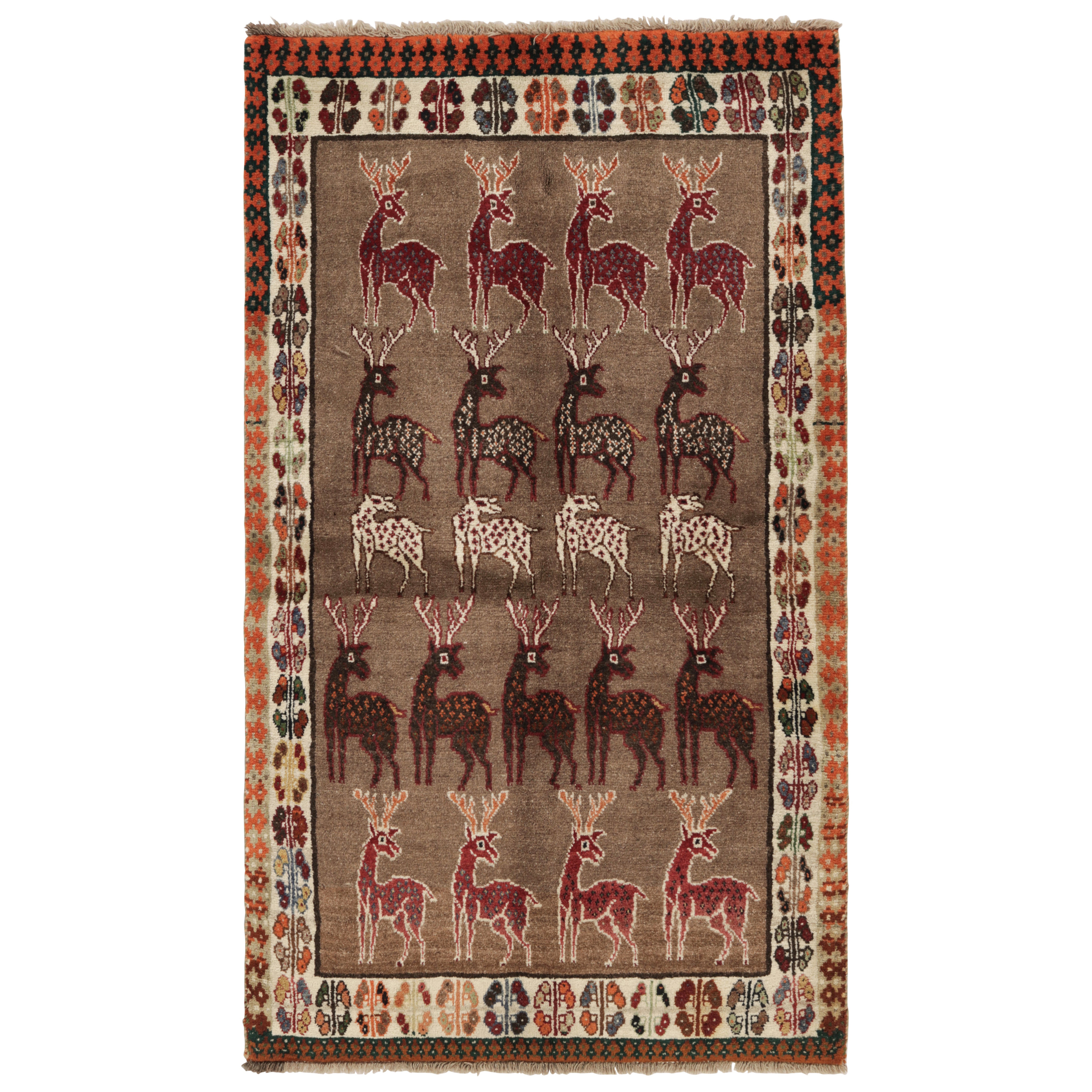 Vintage Gabbeh Perserteppich, braun mit bunten Tierbildern - Rug & Kilim