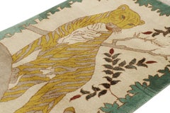 Vintage Gabbeh Persian Rug, Cream with Gold Lion Pictorial - Rug & Kilim