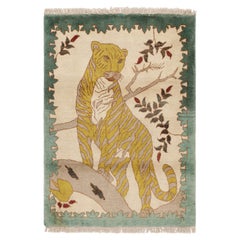 Vintage Gabbeh Persian Rug, Cream with Gold Lion Pictorial - Rug & Kilim