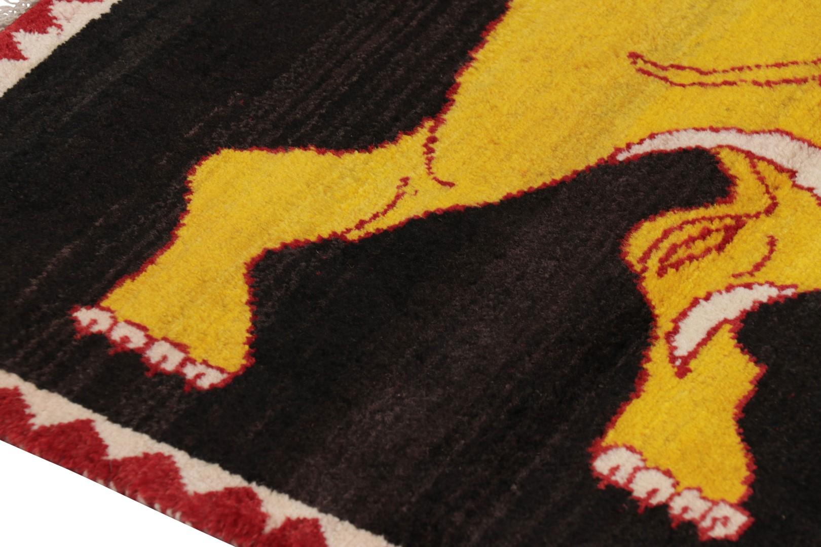 Tribal Vintage Gabbeh Persian Rug, Gold and Black with Lion Pictorial - Rug & Kilim For Sale