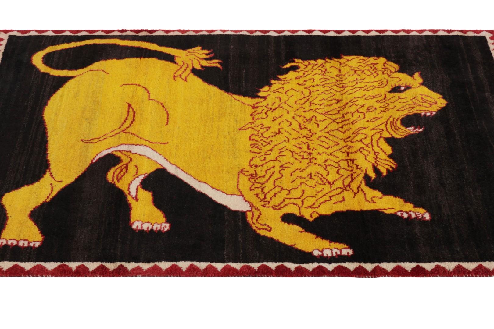 Hand-Knotted Vintage Gabbeh Persian Rug, Gold and Black with Lion Pictorial - Rug & Kilim For Sale
