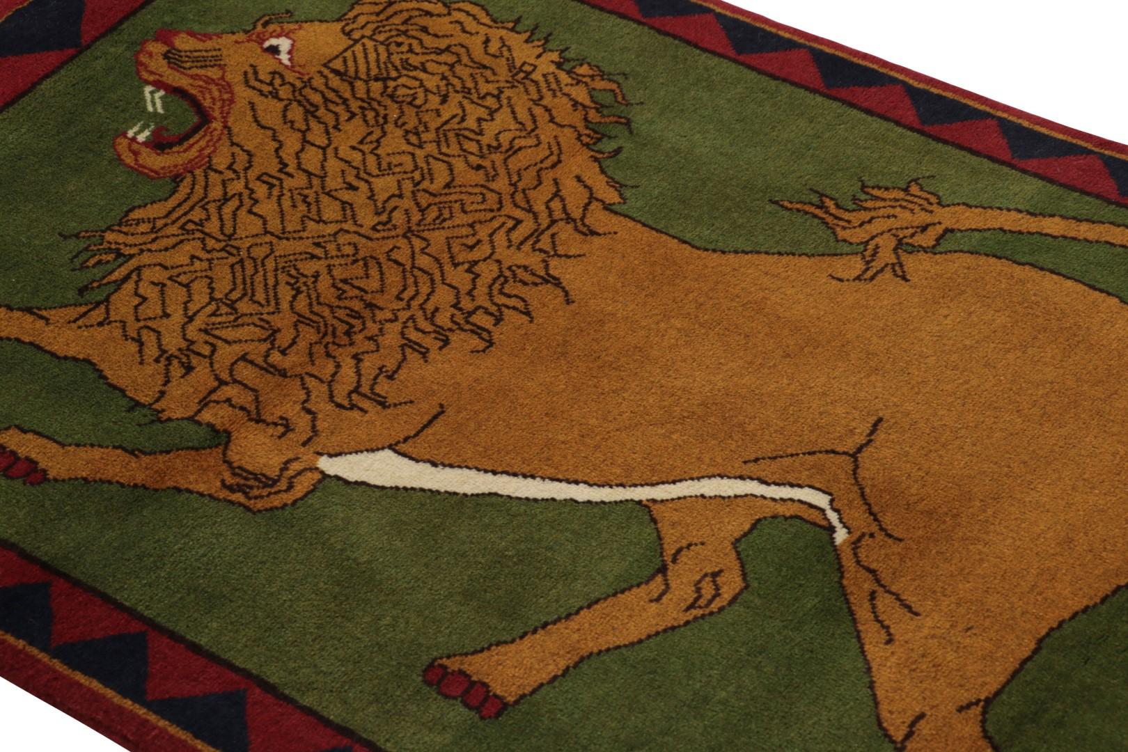 Tribal Vintage Gabbeh Persian Rug, Green and Brown with Lion Pictorial - Rug & Kilim For Sale