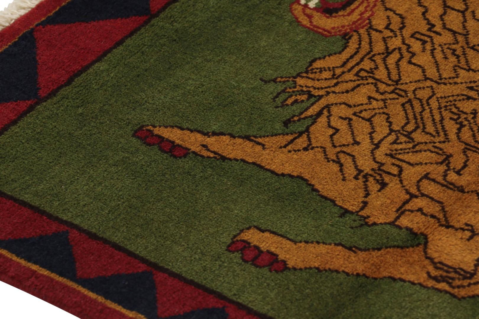 Hand-Knotted Vintage Gabbeh Persian Rug, Green and Brown with Lion Pictorial - Rug & Kilim For Sale