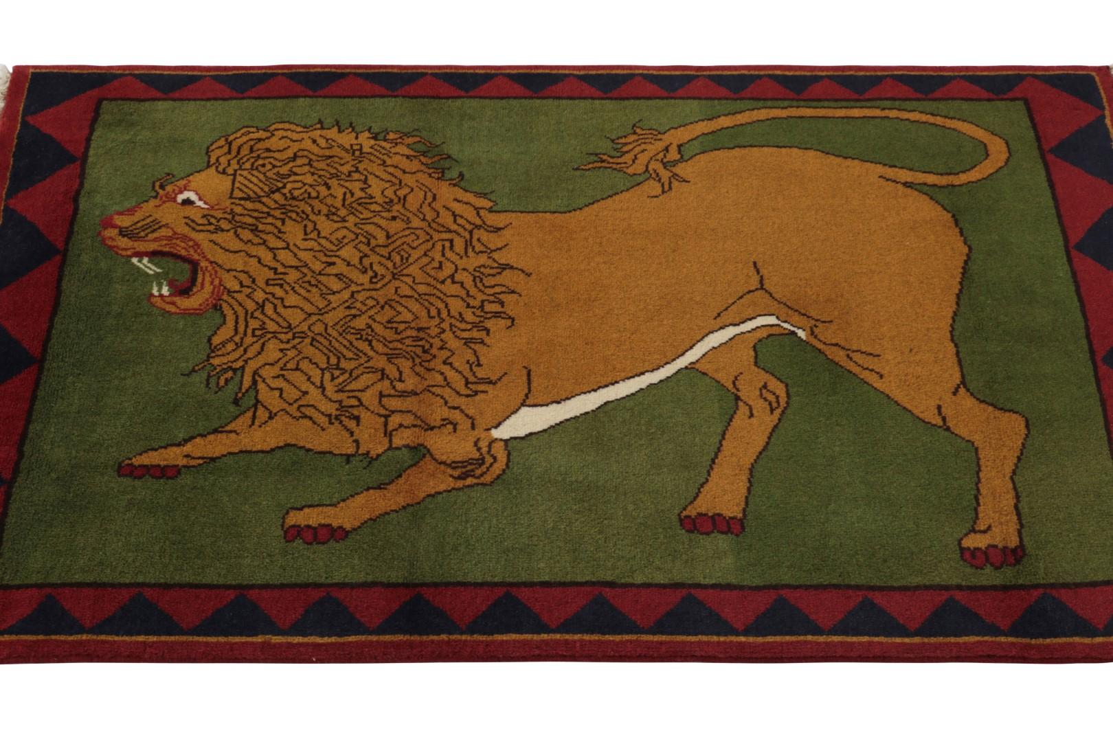 Vintage Gabbeh Persian Rug, Green and Brown with Lion Pictorial - Rug & Kilim In Good Condition For Sale In Long Island City, NY