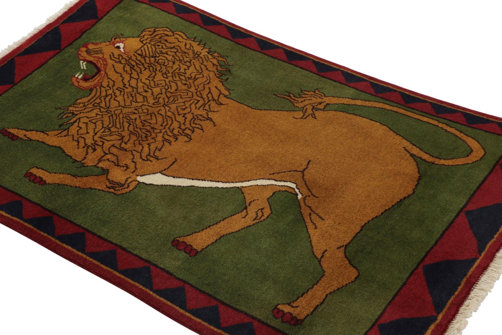 Mid-20th Century Vintage Gabbeh Persian Rug, Green and Brown with Lion Pictorial - Rug & Kilim For Sale
