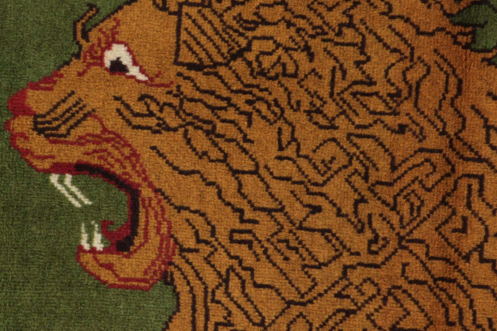 Wool Vintage Gabbeh Persian Rug, Green and Brown with Lion Pictorial - Rug & Kilim For Sale