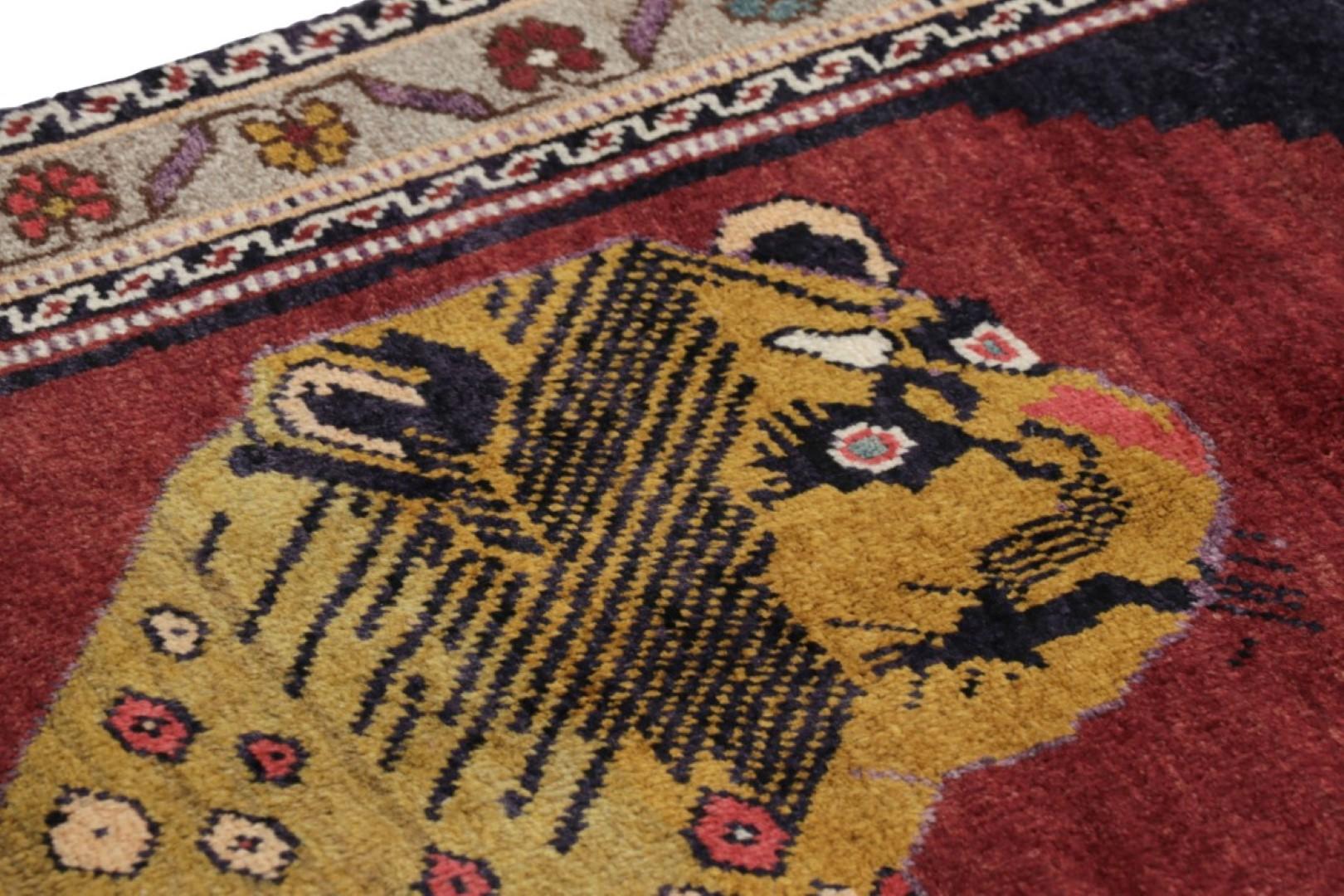 Tribal Vintage Gabbeh Persian Rug in Red with Lion Pictorial - Rug & Kilim For Sale