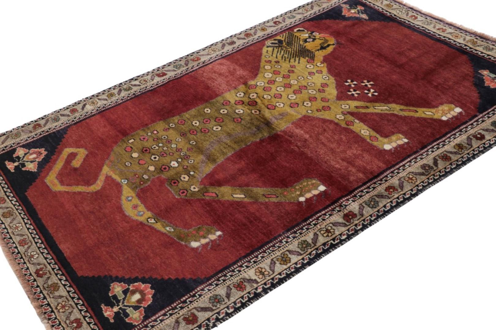 Hand-Knotted Vintage Gabbeh Persian Rug in Red with Lion Pictorial - Rug & Kilim For Sale