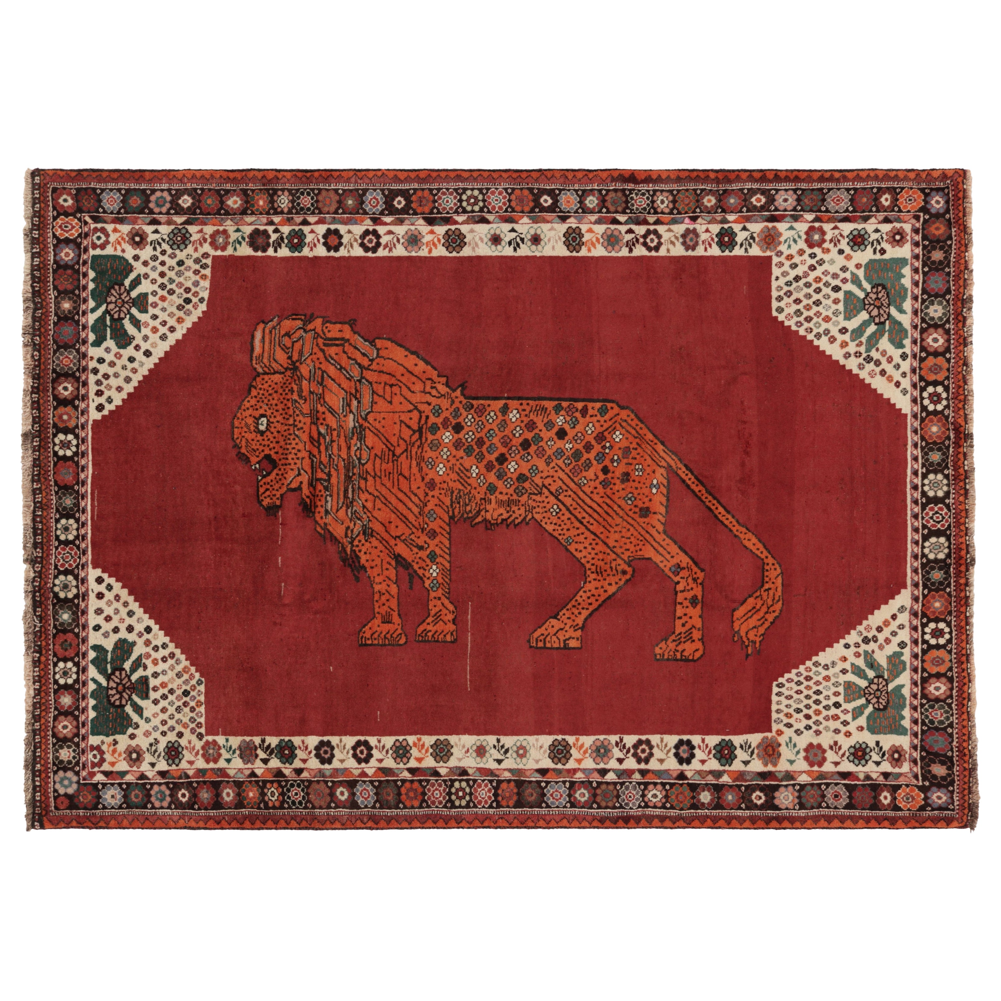 Tappeto persiano Gabbeh d'epoca, rosso con leone dipinto in ruggine - Rug & Kilim in vendita