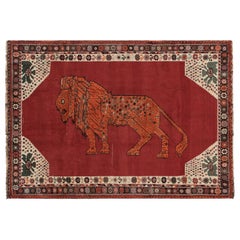 Vintage Gabbeh Persian Rug, Red with Rust Lion Pictorial - Rug & Kilim