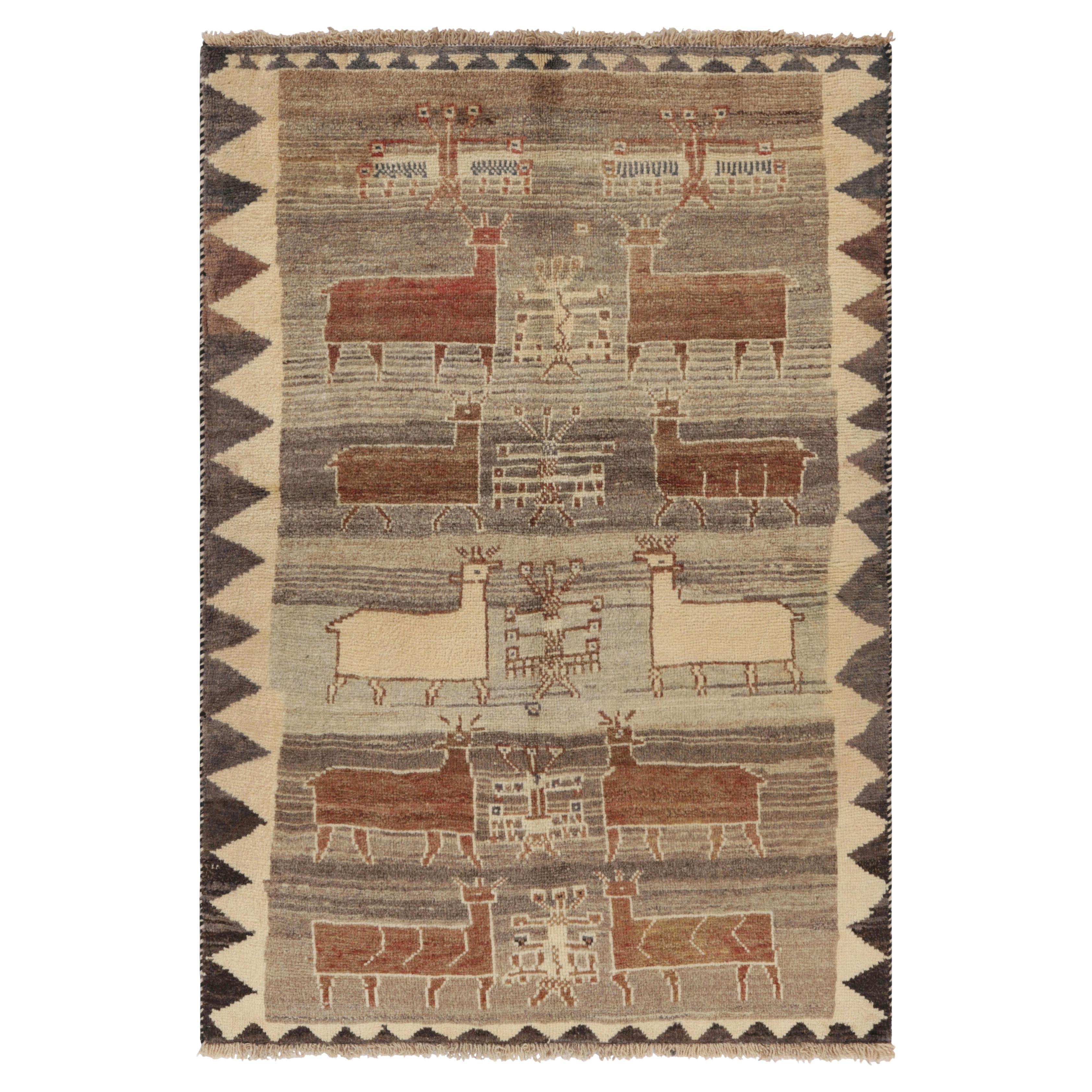Alfombra Persa Gabbeh Vintage con Dibujos de Animales Beige-Marrón - Rug & Kilim en venta