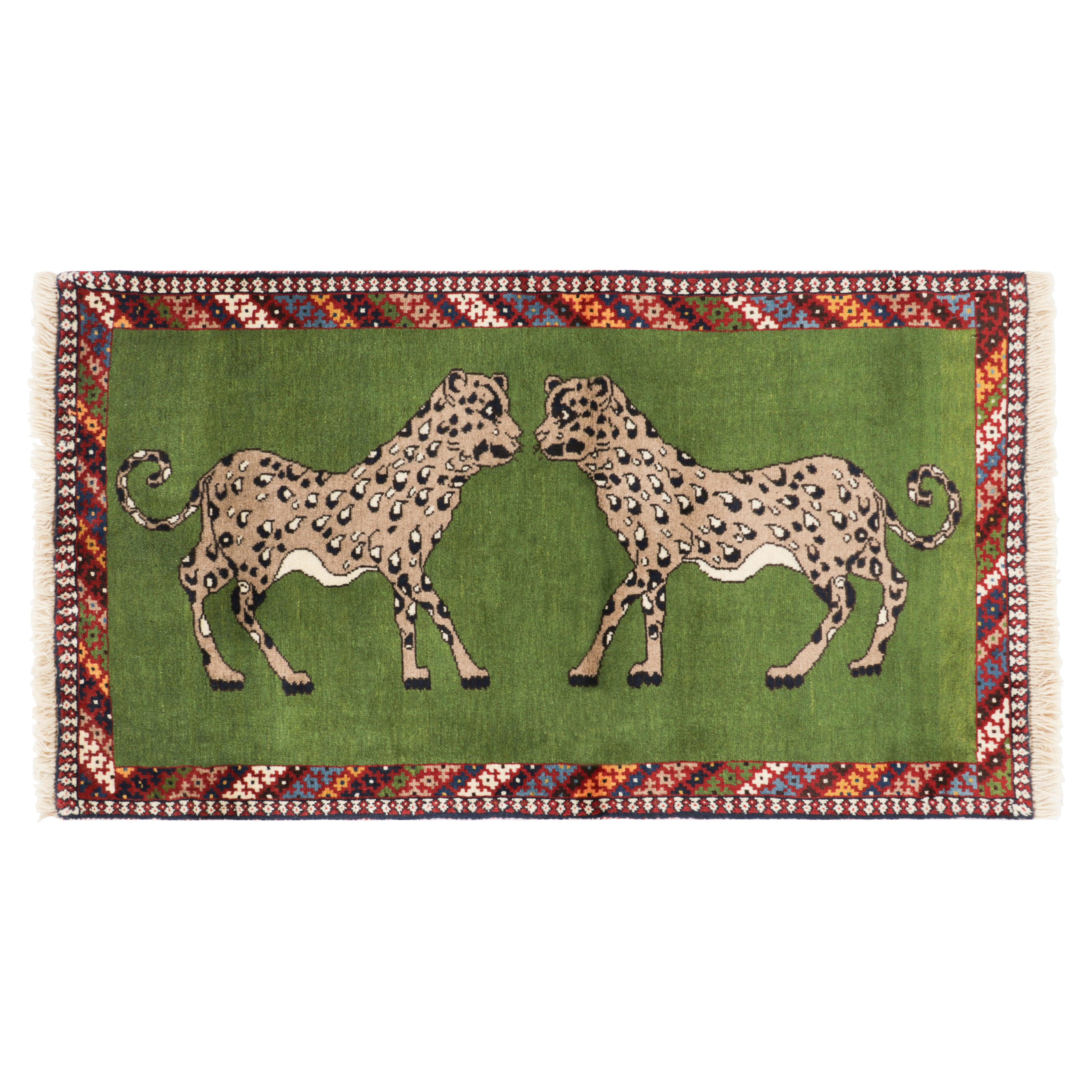 Vintage Gabbeh Persian Runner, Green with Twin Lion Pictorials - Rug & Kilim